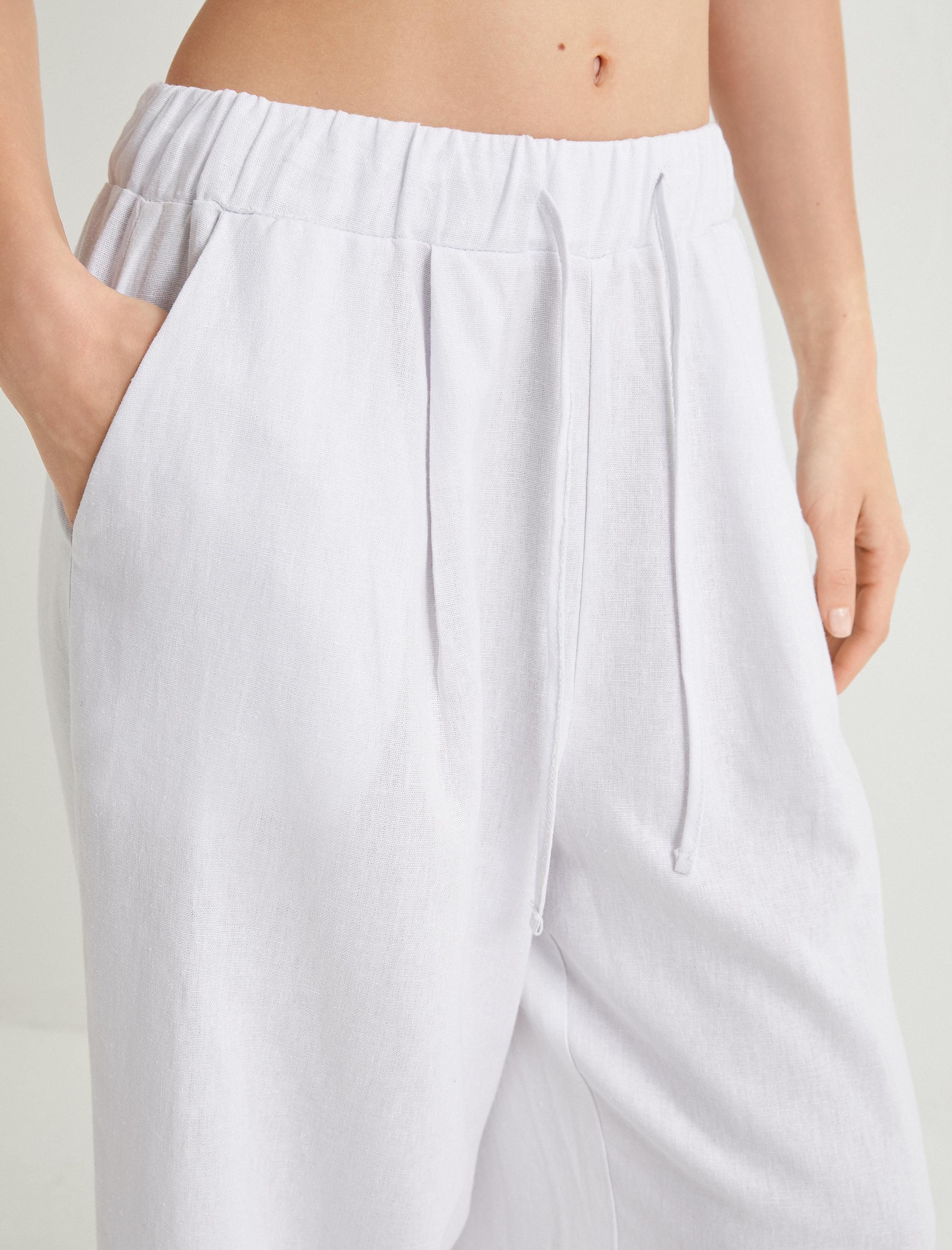 Plaj Pantolonu Culotte Bol Paça Oversize Beli Bağcıklı Cepli Keten Karışımlı