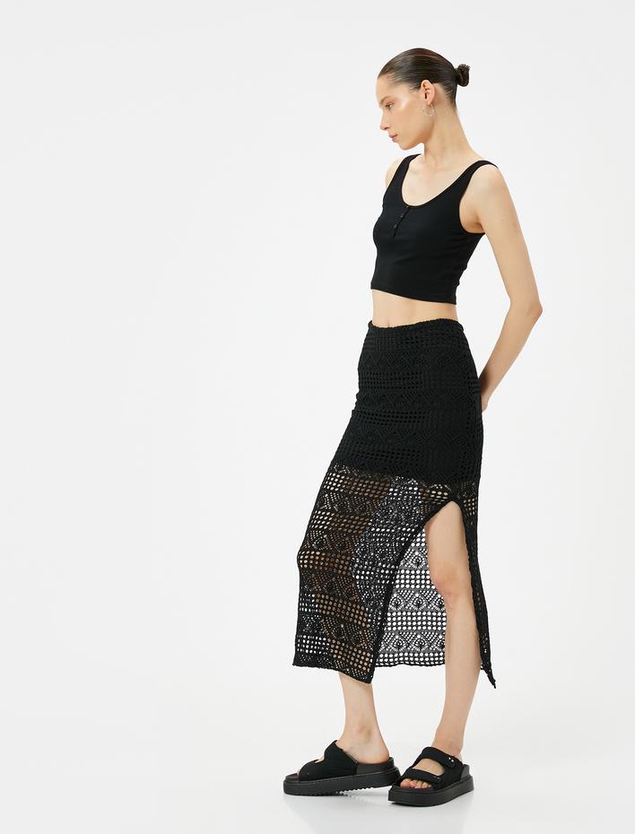  Uzun Kroşe Etek Yandan Yırtmaç Detaylı Astarlı