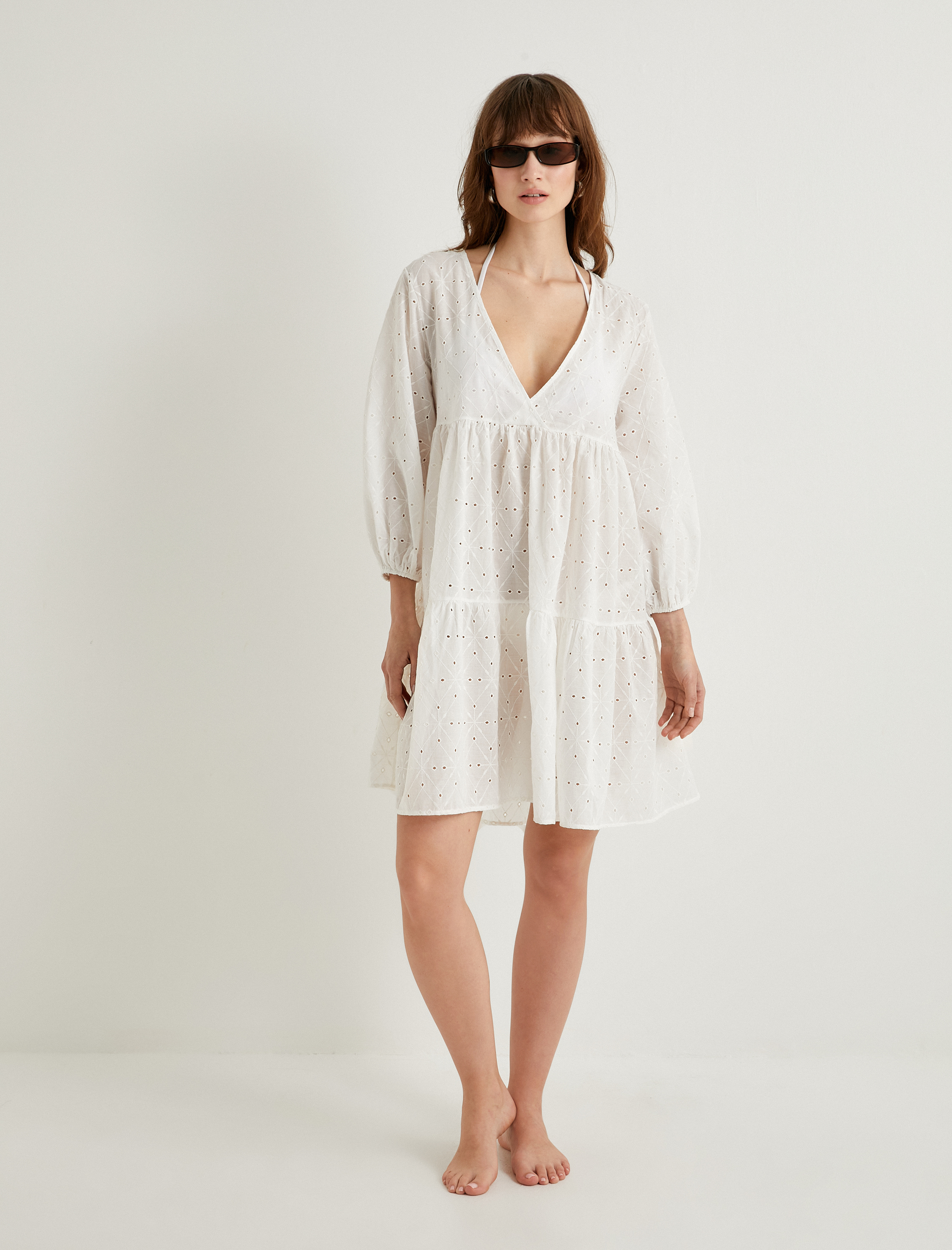   Fisto Plaj Elbisesi Balon Kollu V Yaka Volanlı