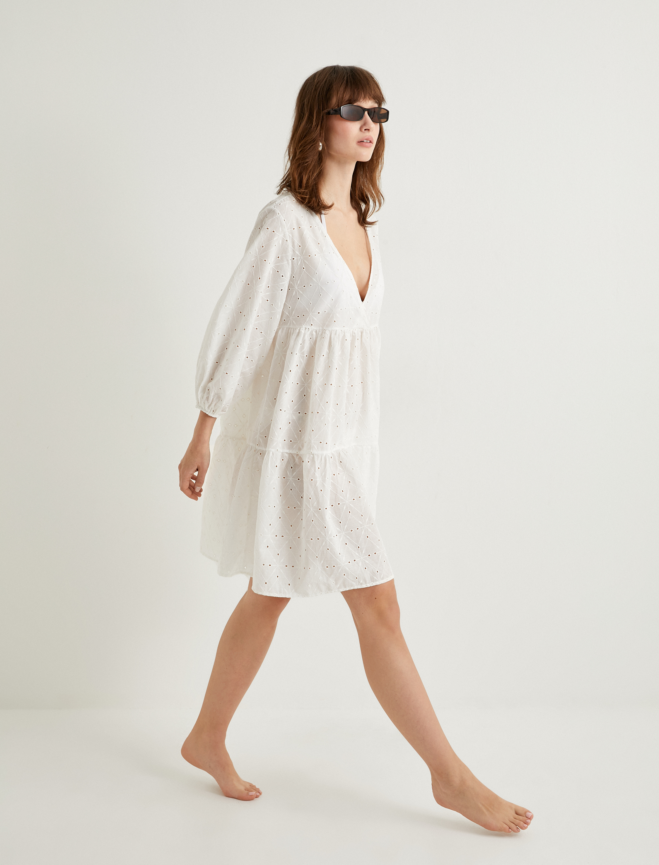   Fisto Plaj Elbisesi Balon Kollu V Yaka Volanlı