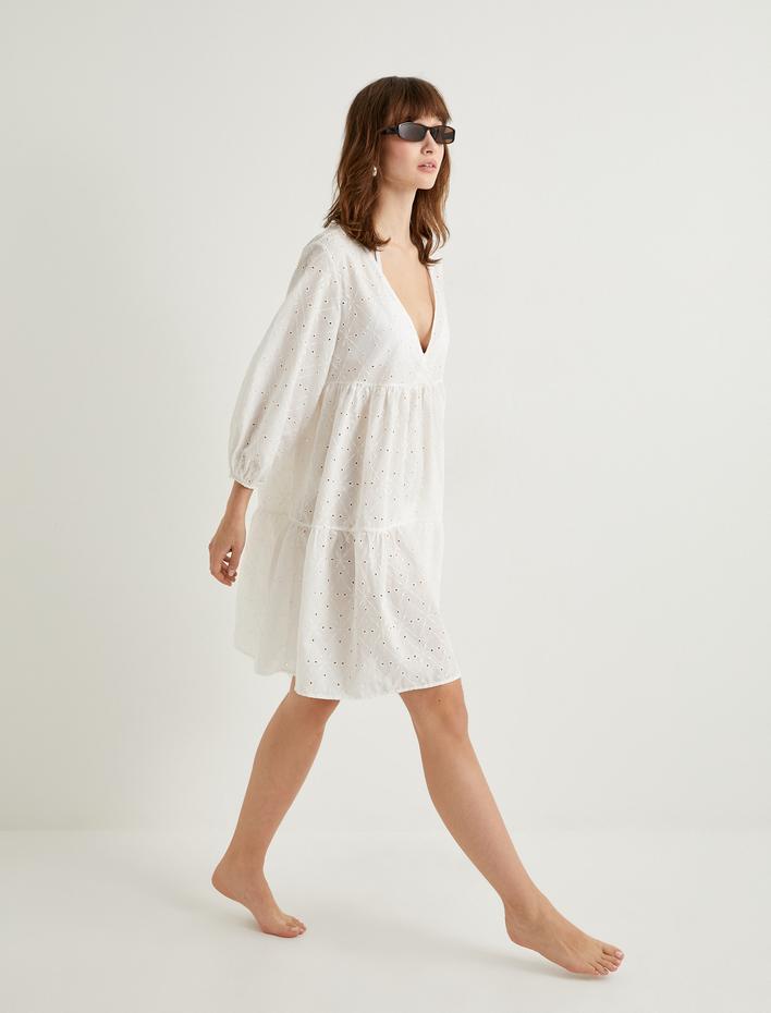  Fisto Plaj Elbisesi Balon Kollu V Yaka Volanlı