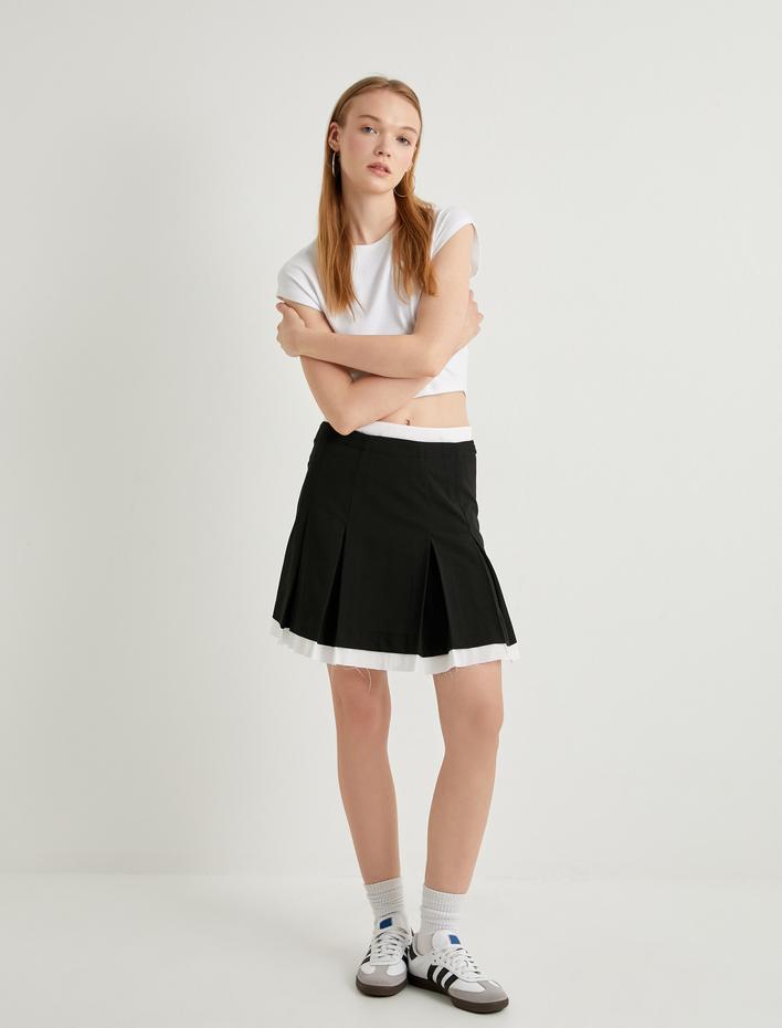  Mini Pileli A Kesim Etek Çift Katmanlı Renk Kontrastlı