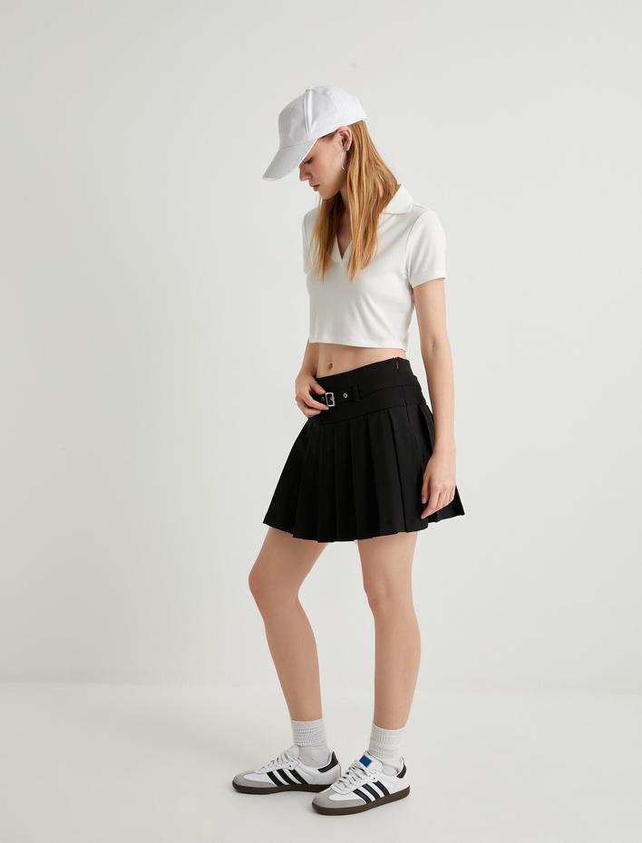  Pileli Mini Şort Etek Kemer Detaylı