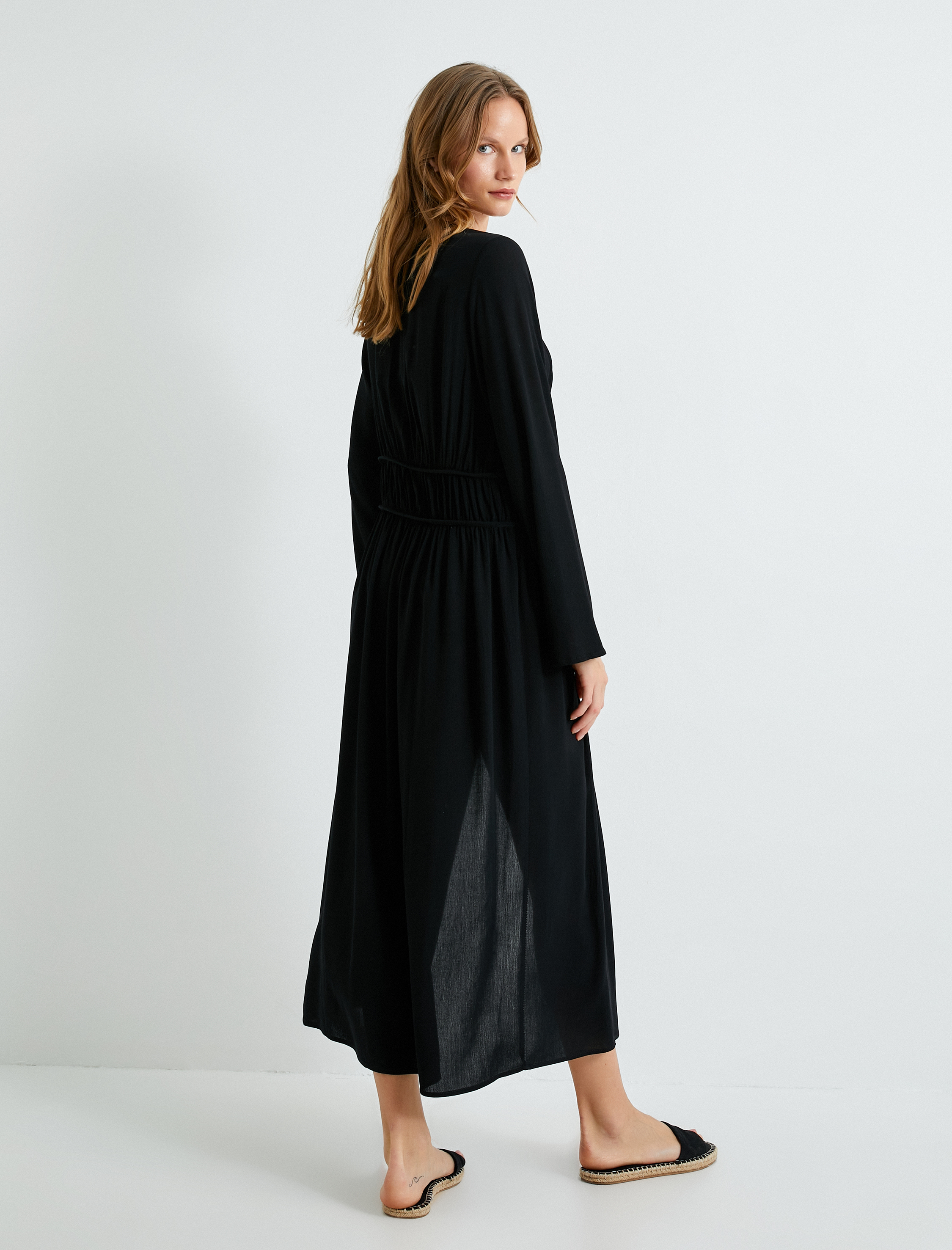   Uzun Kimono Plaj Elbisesi Bağlama Detaylı Viskoz Kumaş