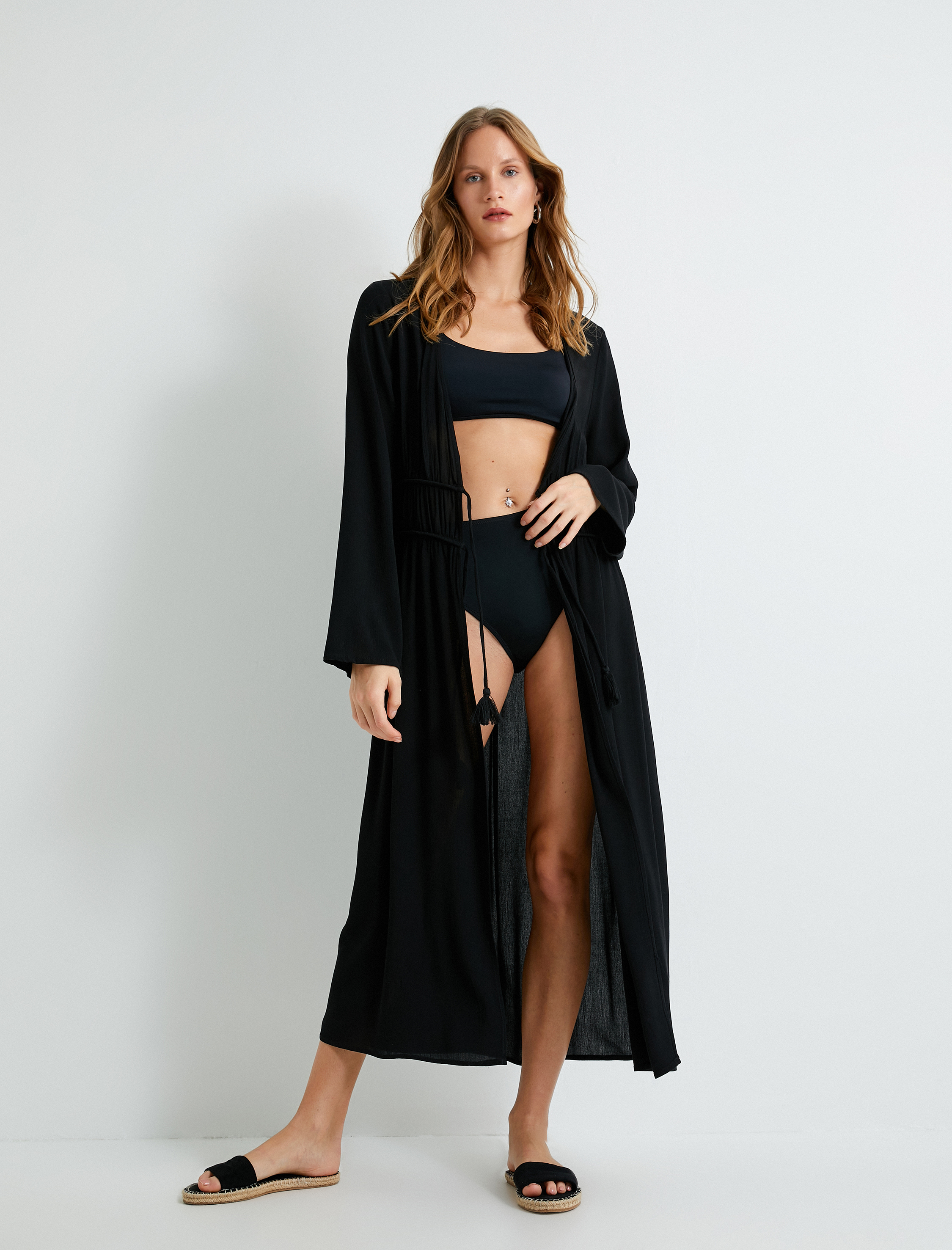   Uzun Kimono Plaj Elbisesi Bağlama Detaylı Viskoz Kumaş