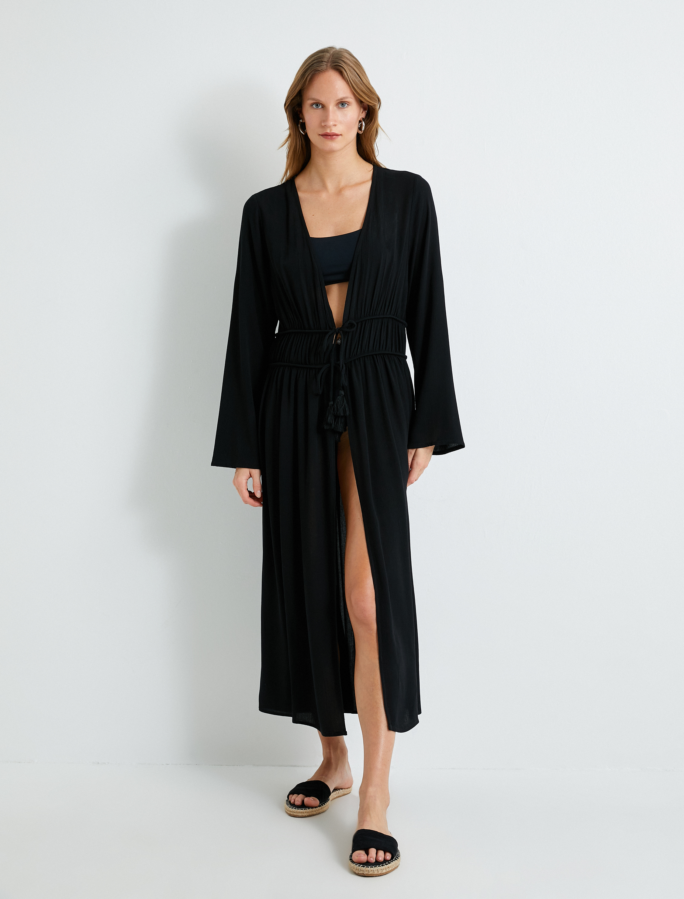   Uzun Kimono Plaj Elbisesi Bağlama Detaylı Viskoz Kumaş