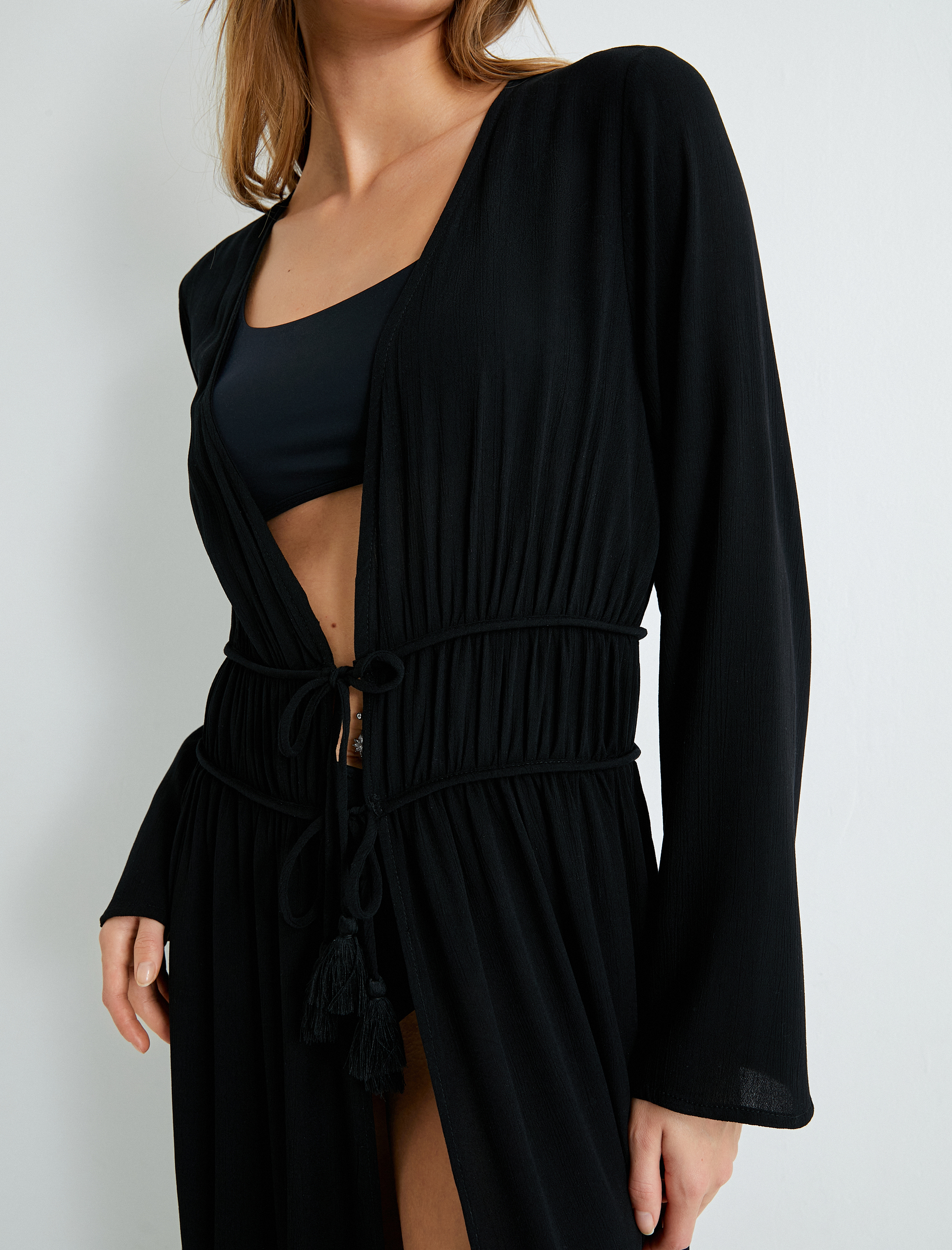   Uzun Kimono Plaj Elbisesi Bağlama Detaylı Viskoz Kumaş