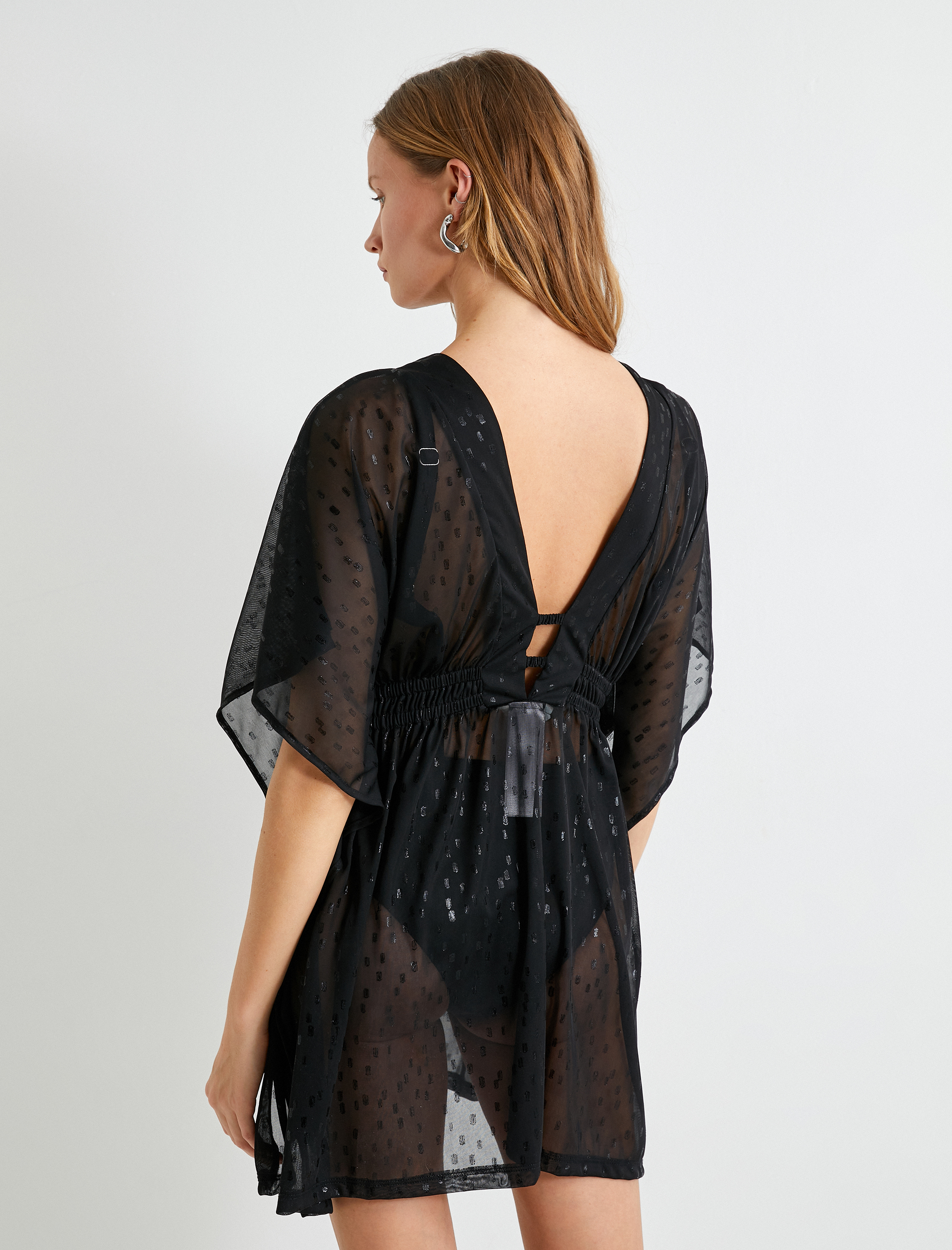 Tül Plaj Elbisesi V Yaka Dökümlü Beli Lastikli