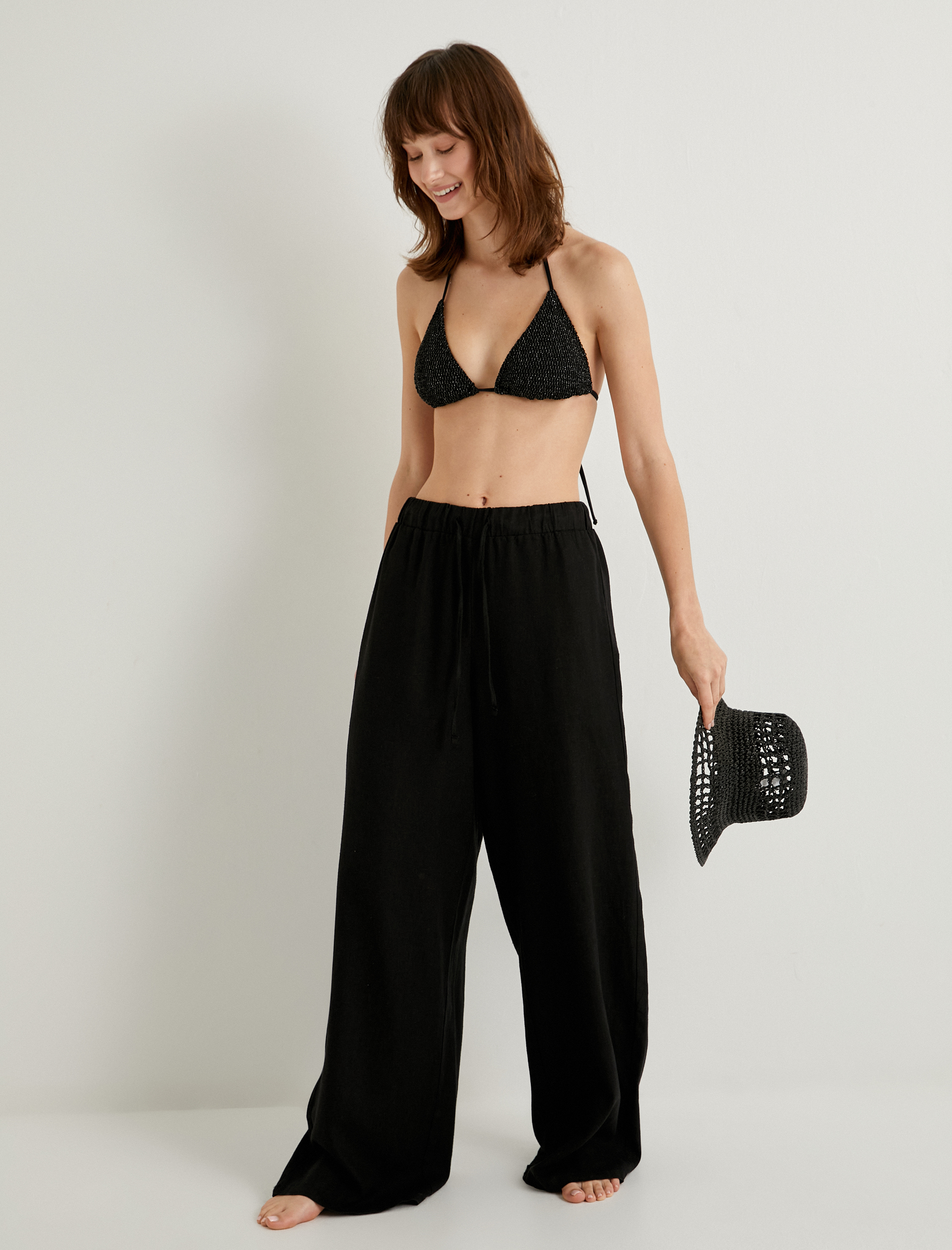   Bol Paça Keten Pantolon Beli Bağlamalı Rahat Kalıp