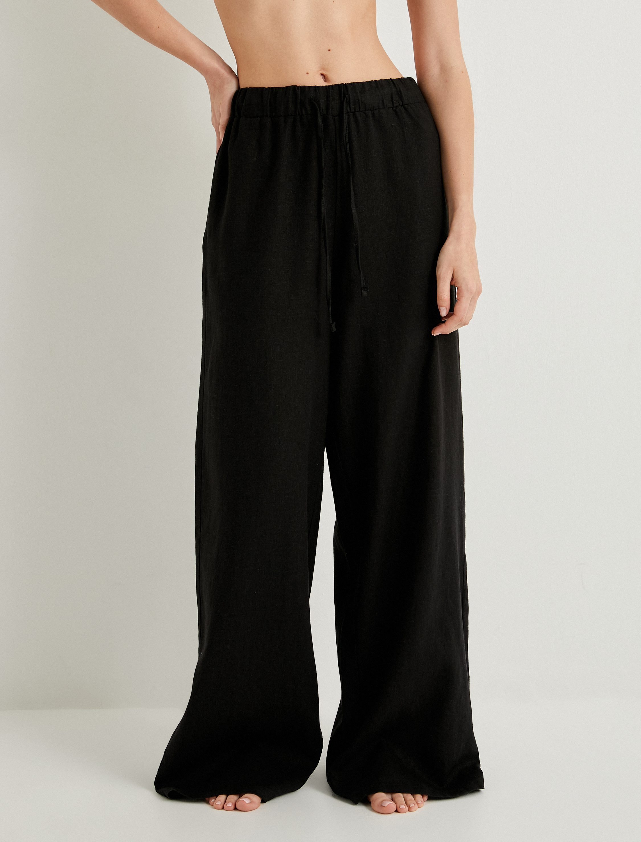   Bol Paça Keten Pantolon Beli Bağlamalı Rahat Kalıp