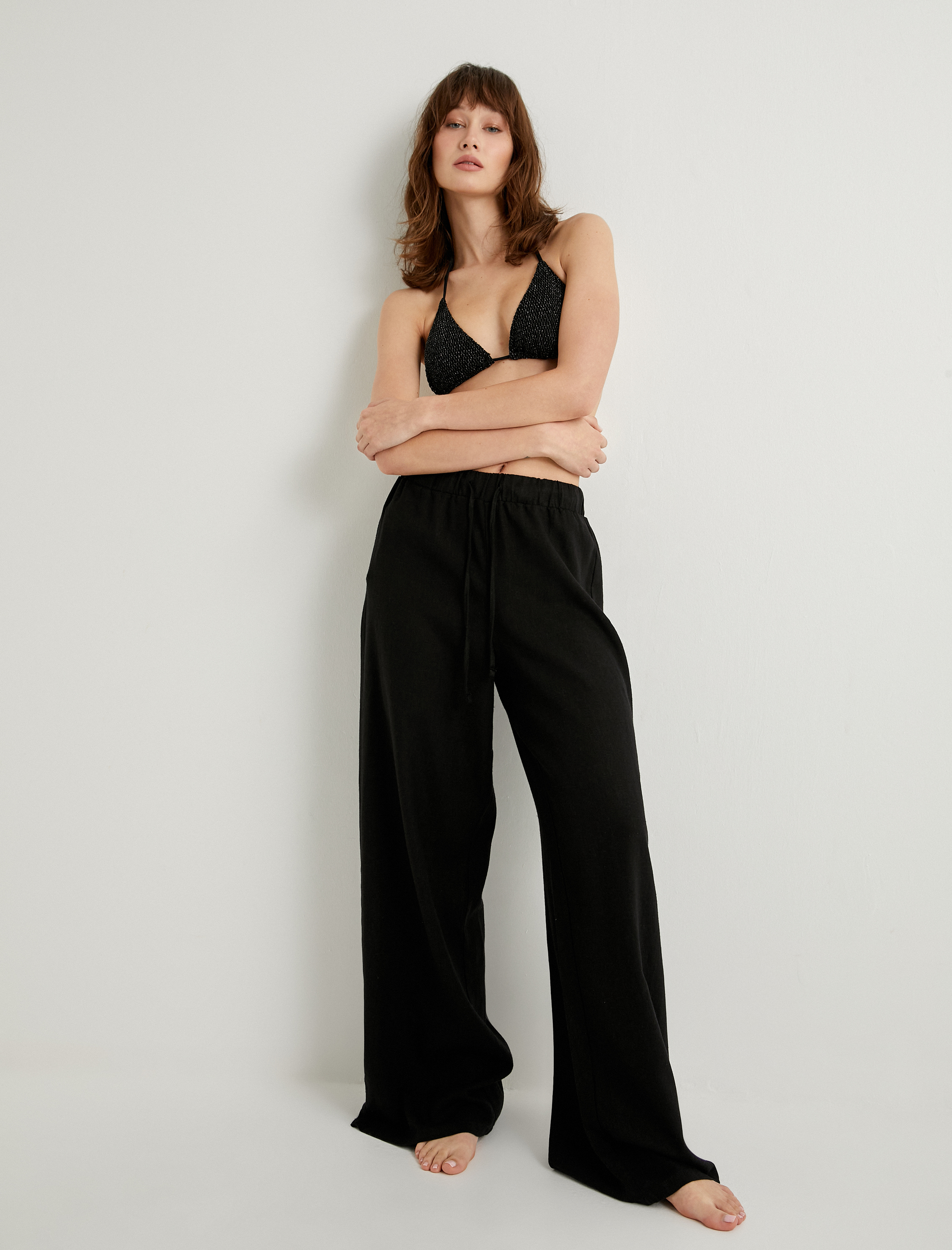   Bol Paça Keten Pantolon Beli Bağlamalı Rahat Kalıp