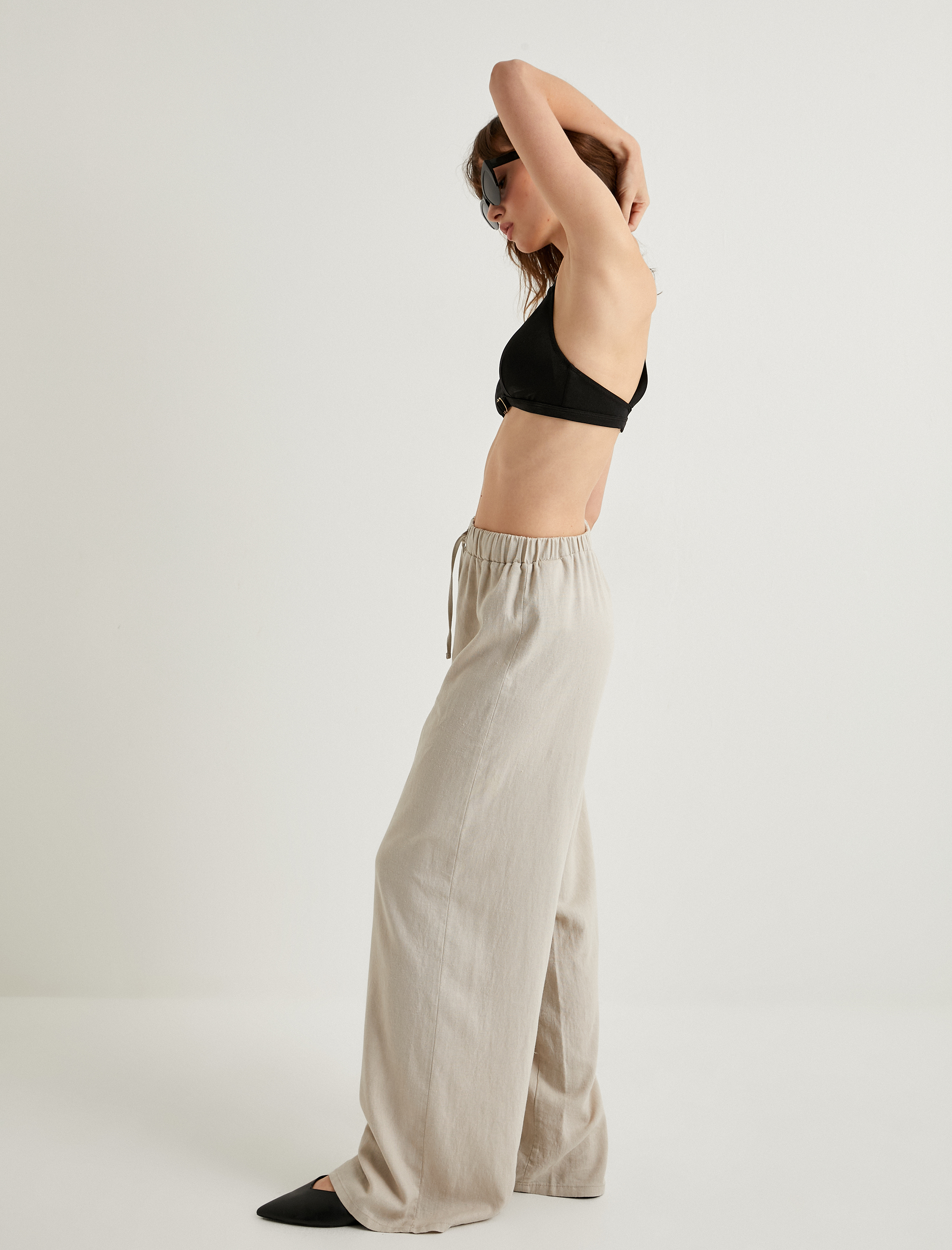   Bol Paça Keten Pantolon Beli Bağlamalı Rahat Kalıp