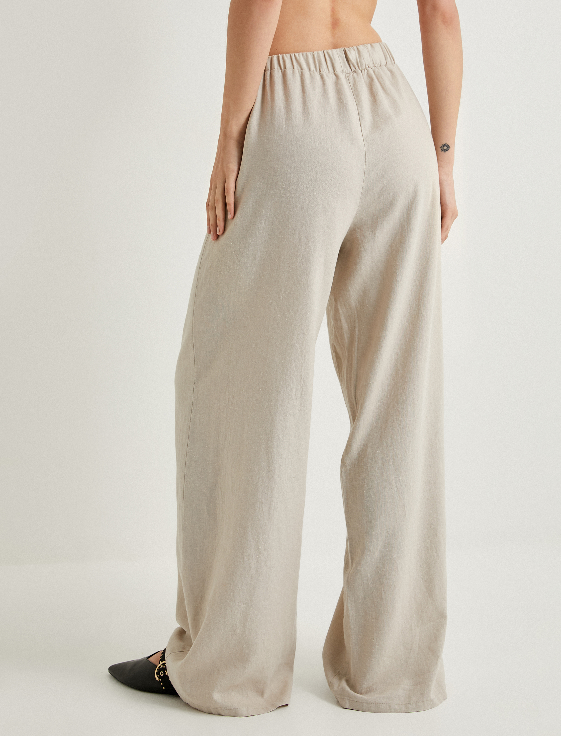   Bol Paça Keten Pantolon Beli Bağlamalı Rahat Kalıp