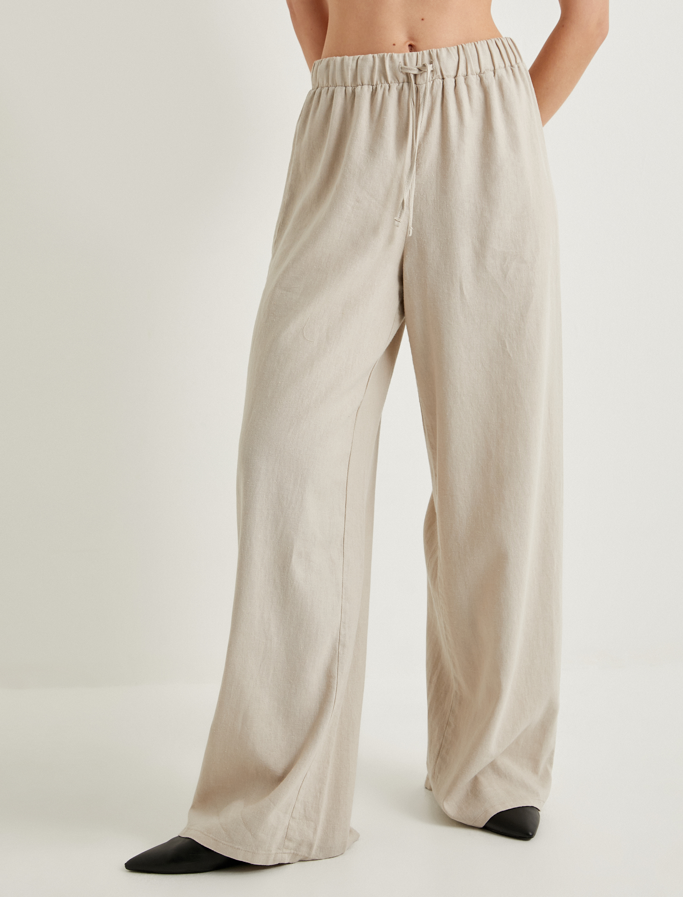   Bol Paça Keten Pantolon Beli Bağlamalı Rahat Kalıp