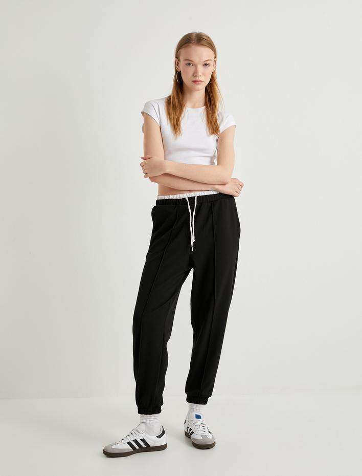  Jogger Pantolon Çift Bel Detaylı Bağlamalı Nervürlü