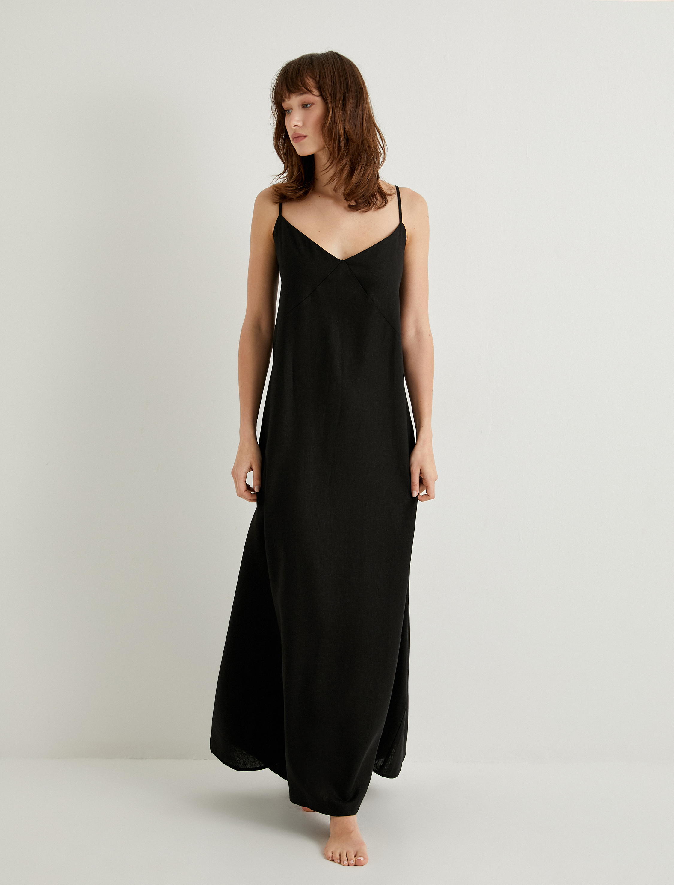   Uzun Plaj Elbisesi V Yaka Keten Viskon Karışımlı Rahat Kesim