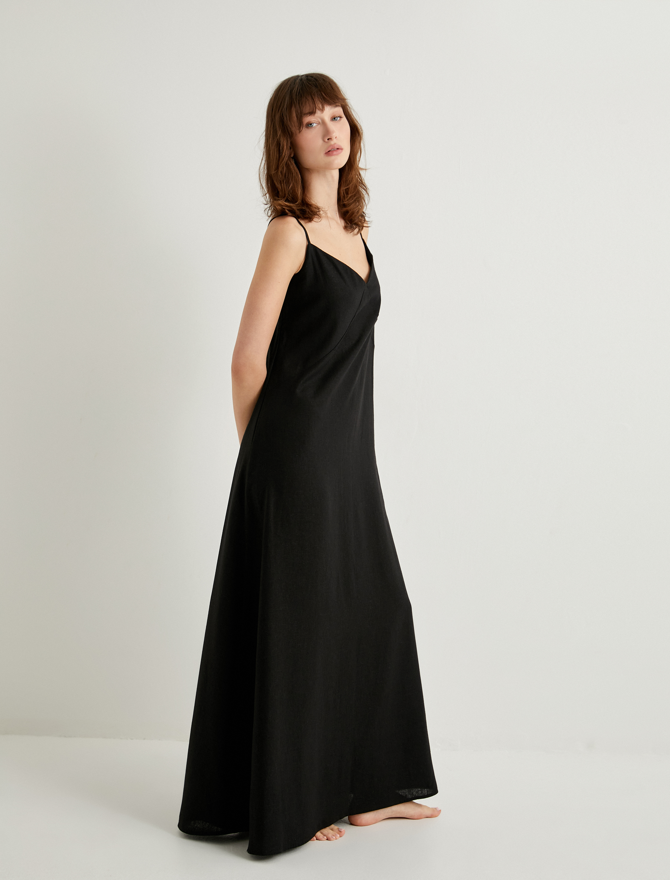   Uzun Plaj Elbisesi V Yaka Keten Viskon Karışımlı Rahat Kesim