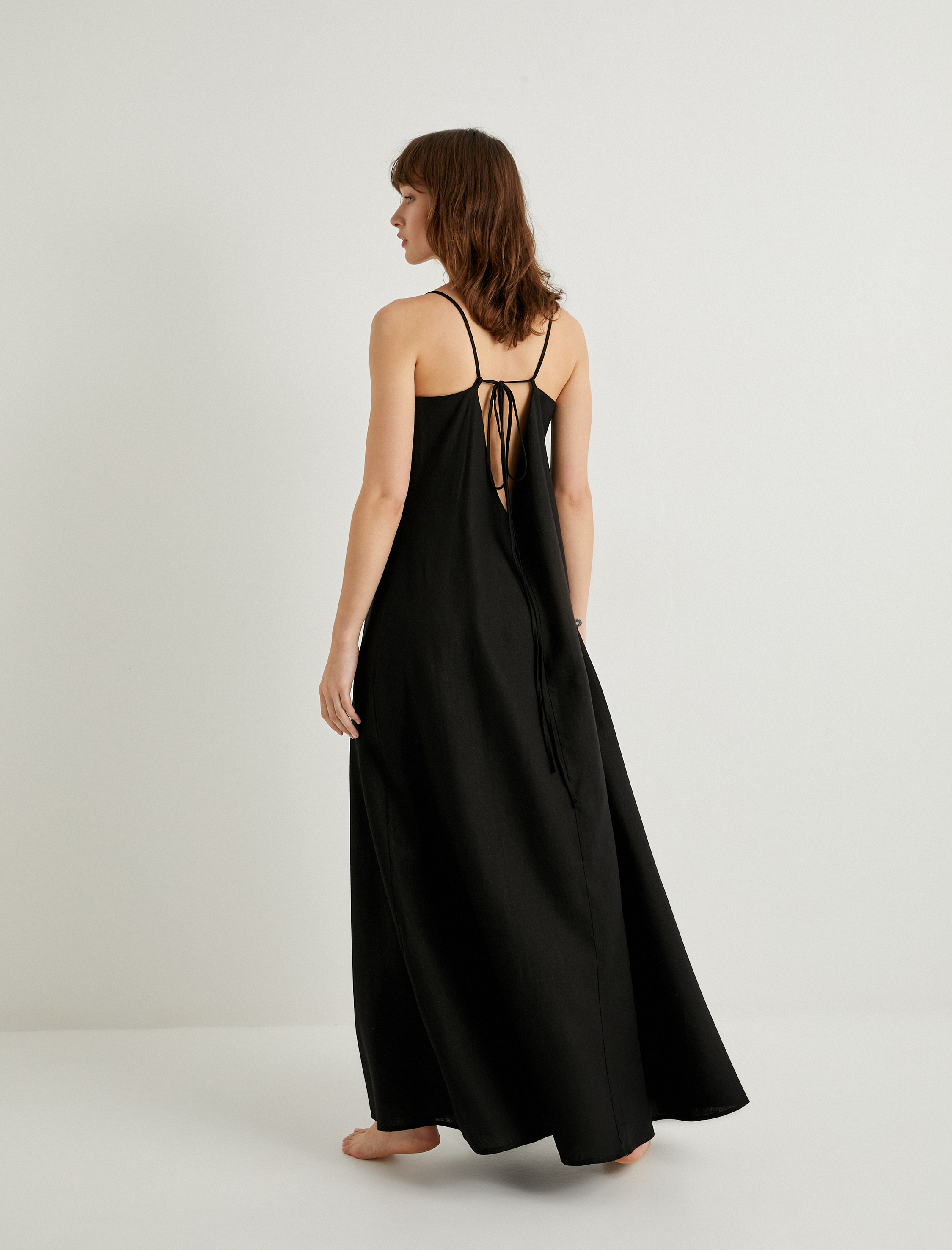   Uzun Plaj Elbisesi V Yaka Keten Viskon Karışımlı Rahat Kesim