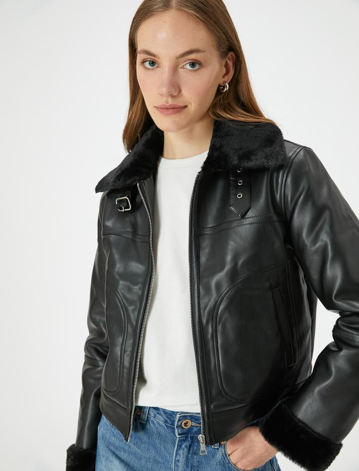  Biker Ceket Deri Görünümlü Toka ve Peluş Detaylı Cepli