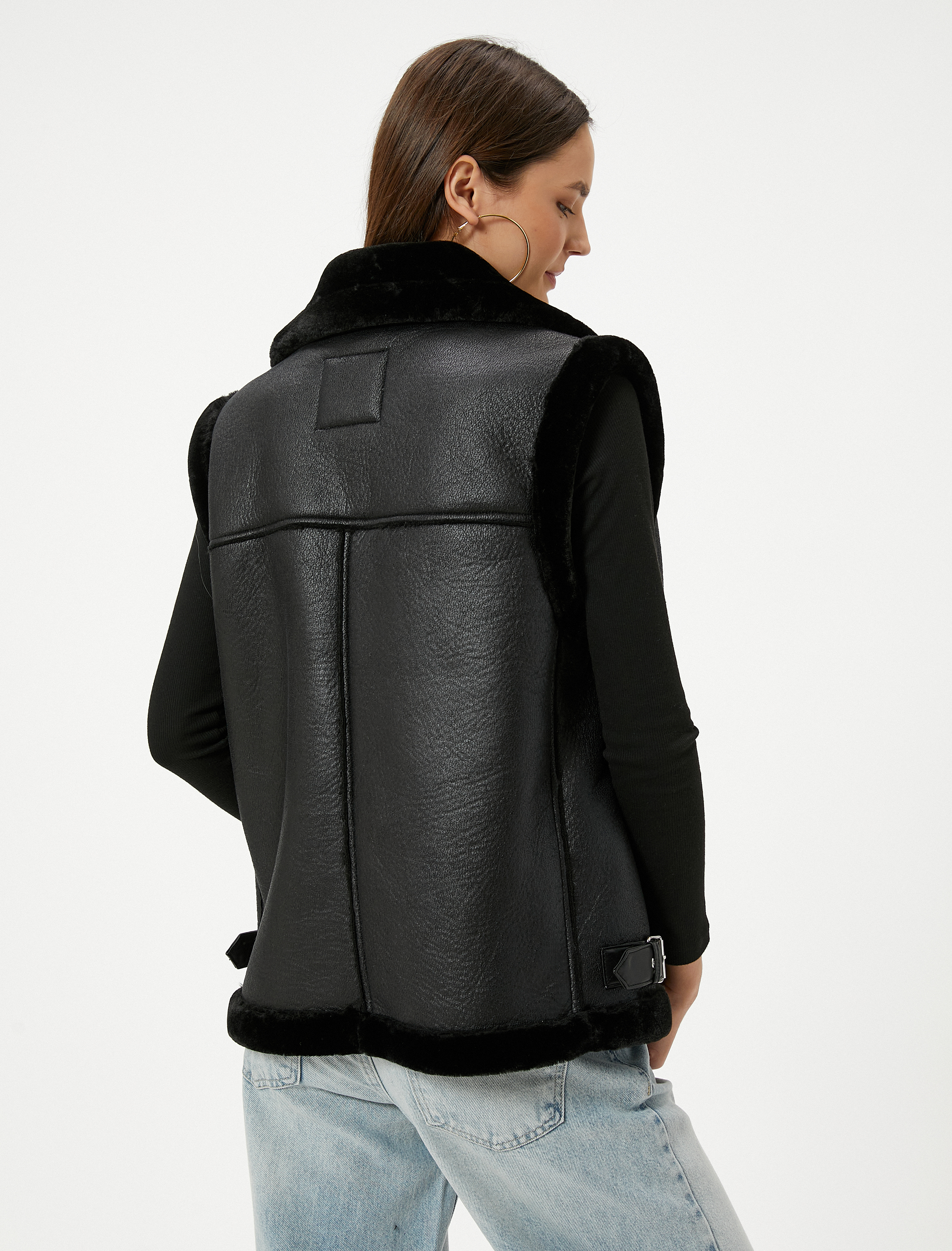 Suni Deri Uzun Biker Yelek Yakası Kürklü Fermuarlı Cepli