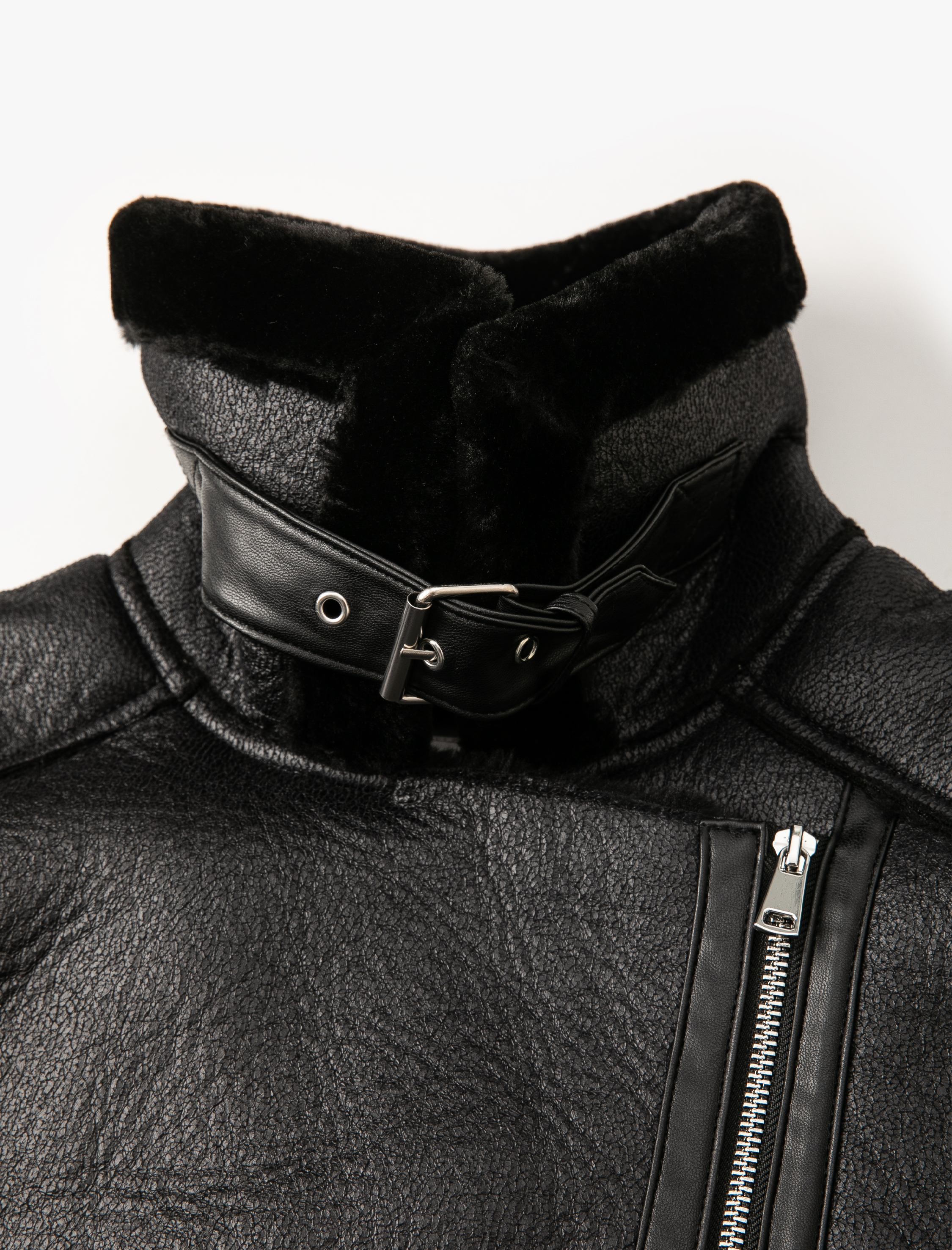 Suni Deri Uzun Biker Yelek Yakası Kürklü Fermuarlı Cepli