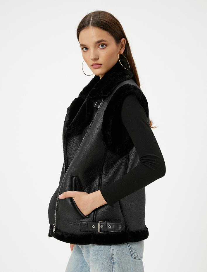  Suni Deri Uzun Biker Yelek Yakası Kürklü Fermuarlı Cepli