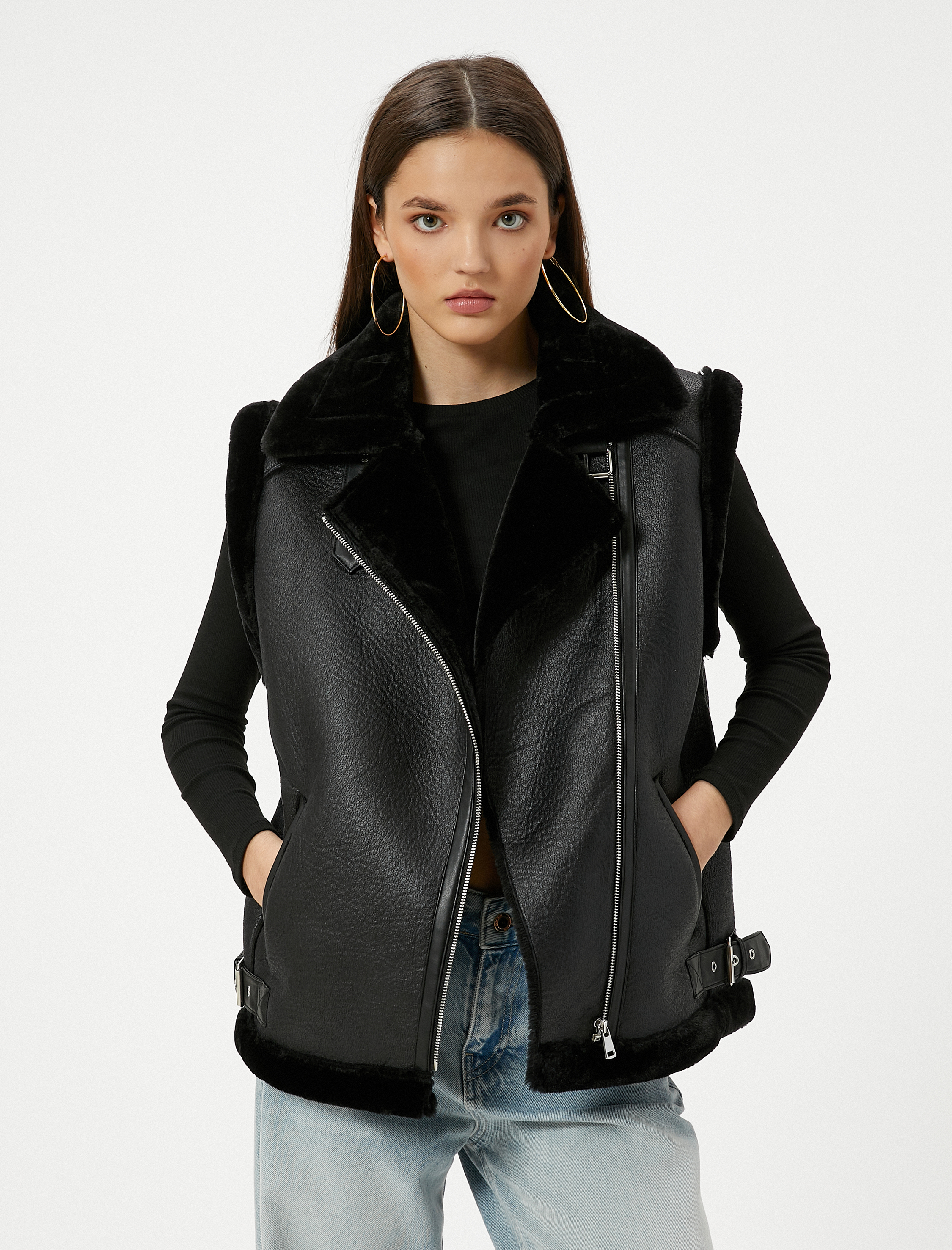 Suni Deri Uzun Biker Yelek Yakası Kürklü Fermuarlı Cepli