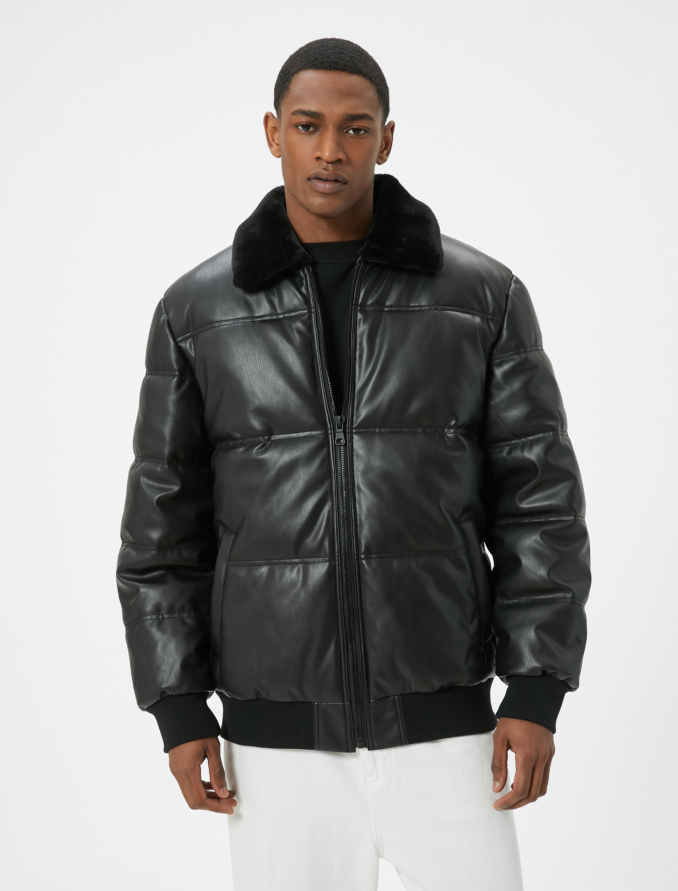   Suni Deri Şişme Mont Kürk Yaka Cepli