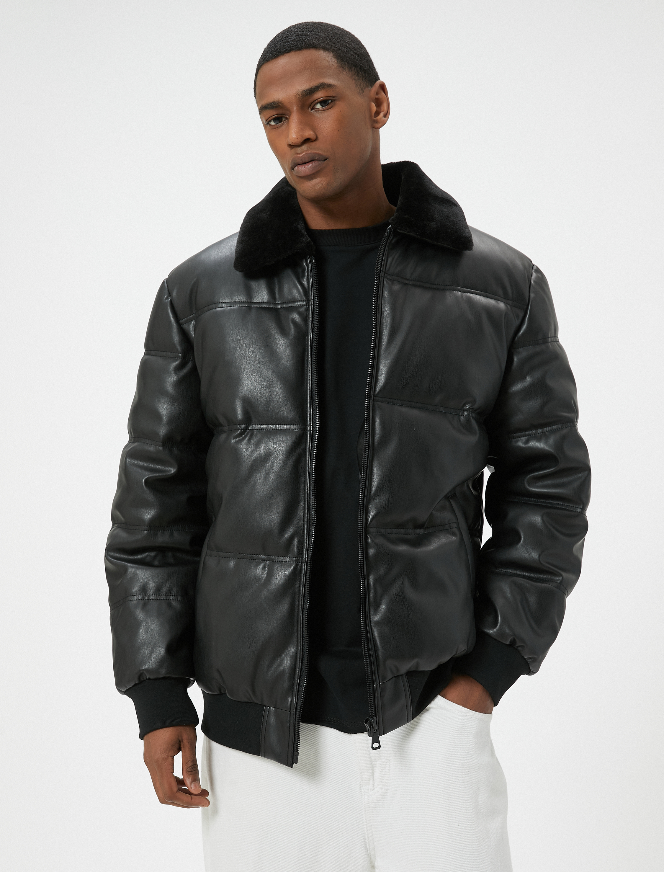   Suni Deri Şişme Mont Kürk Yaka Cepli