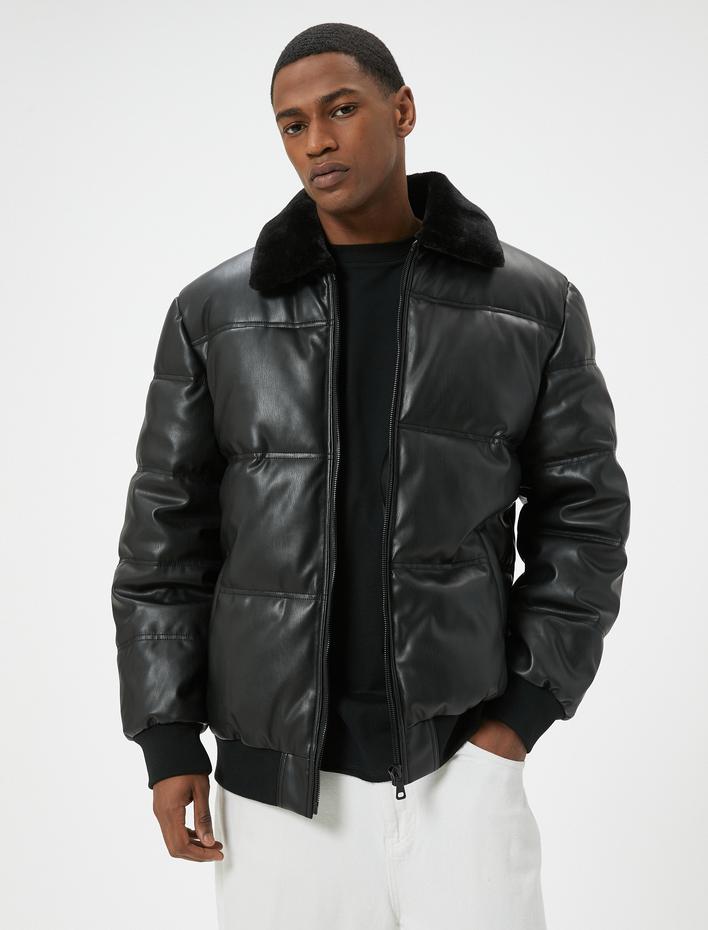  Suni Deri Şişme Mont Kürk Yaka Cepli