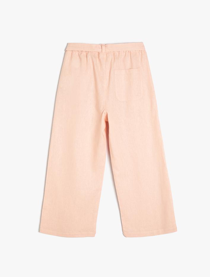 Kız Çocuk Keten Pantolon Bol Paça Kemer Detaylı Beli Lastikli