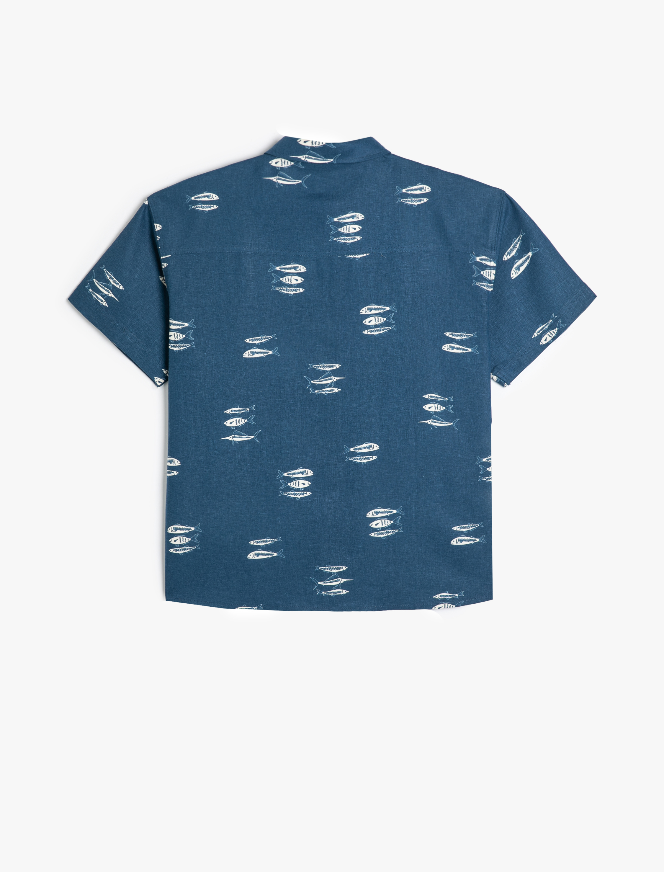  Erkek Çocuk Oversize Keten Gömlek Kısa Kollu Balık Desenli Tek Cepli