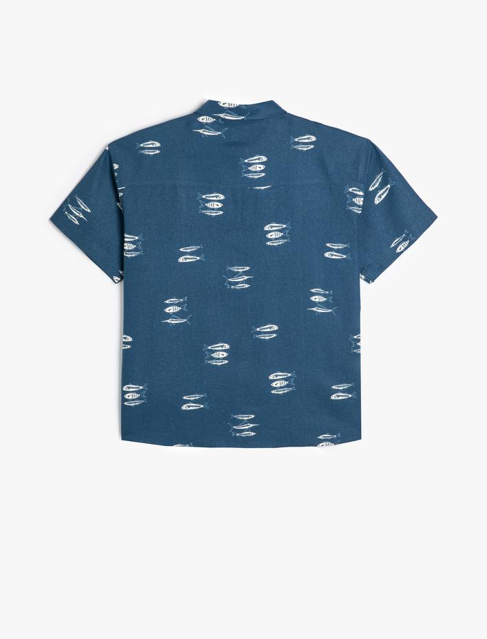 Erkek Çocuk Oversize Keten Gömlek Kısa Kollu Balık Desenli Tek Cepli
