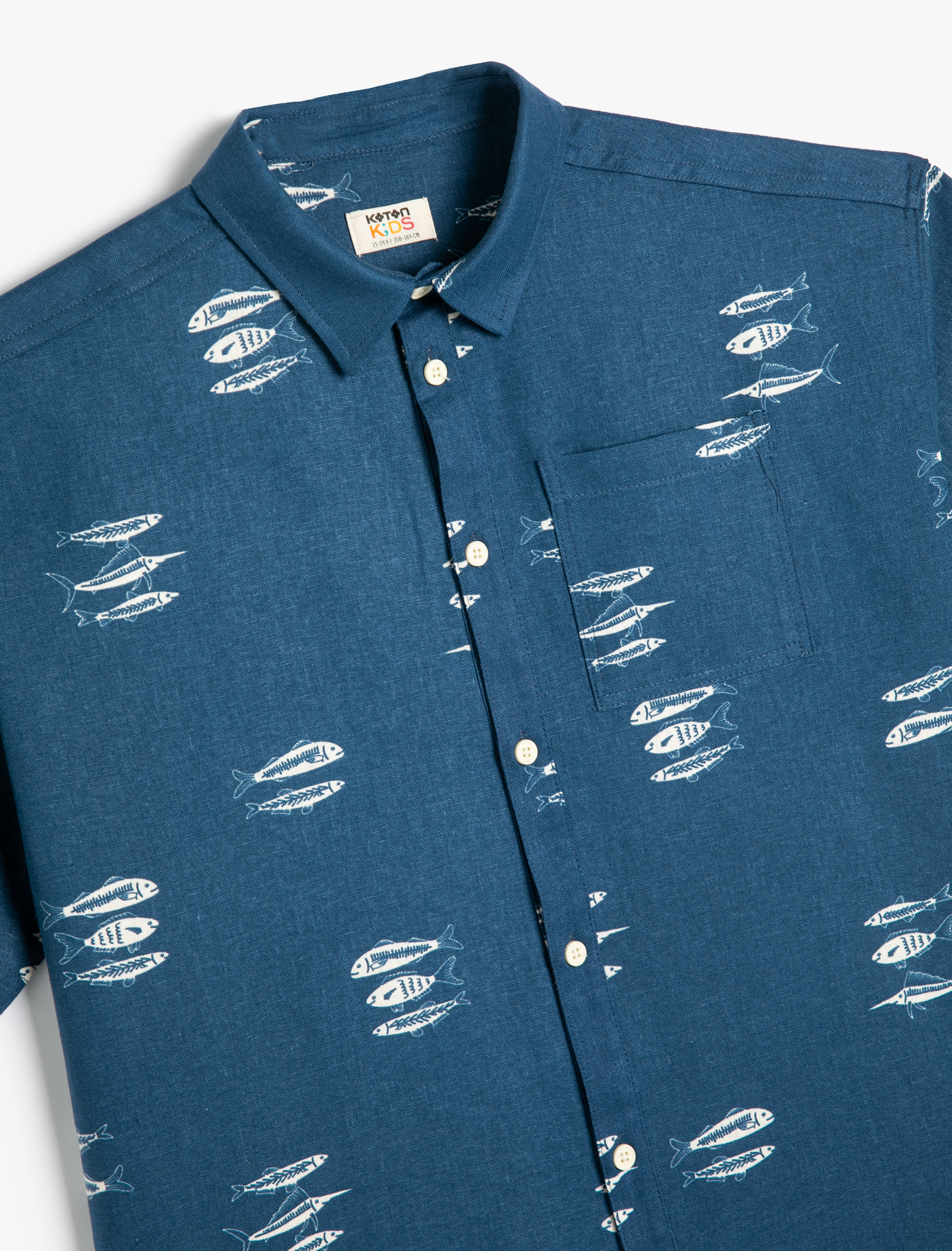  Erkek Çocuk Oversize Keten Gömlek Kısa Kollu Balık Desenli Tek Cepli