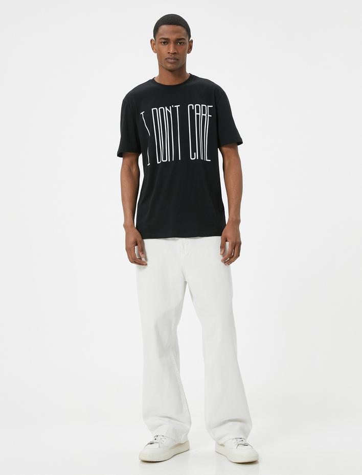  Slogan Baskılı Tişört Slim Fit Bisiklet Yaka Kısa Kollu Pamuklu