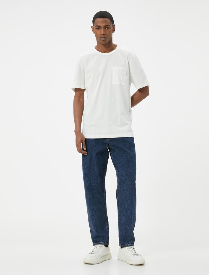  Bisiklet Yaka Tişört Cep Detaylı Kısa Kollu Pamuklu