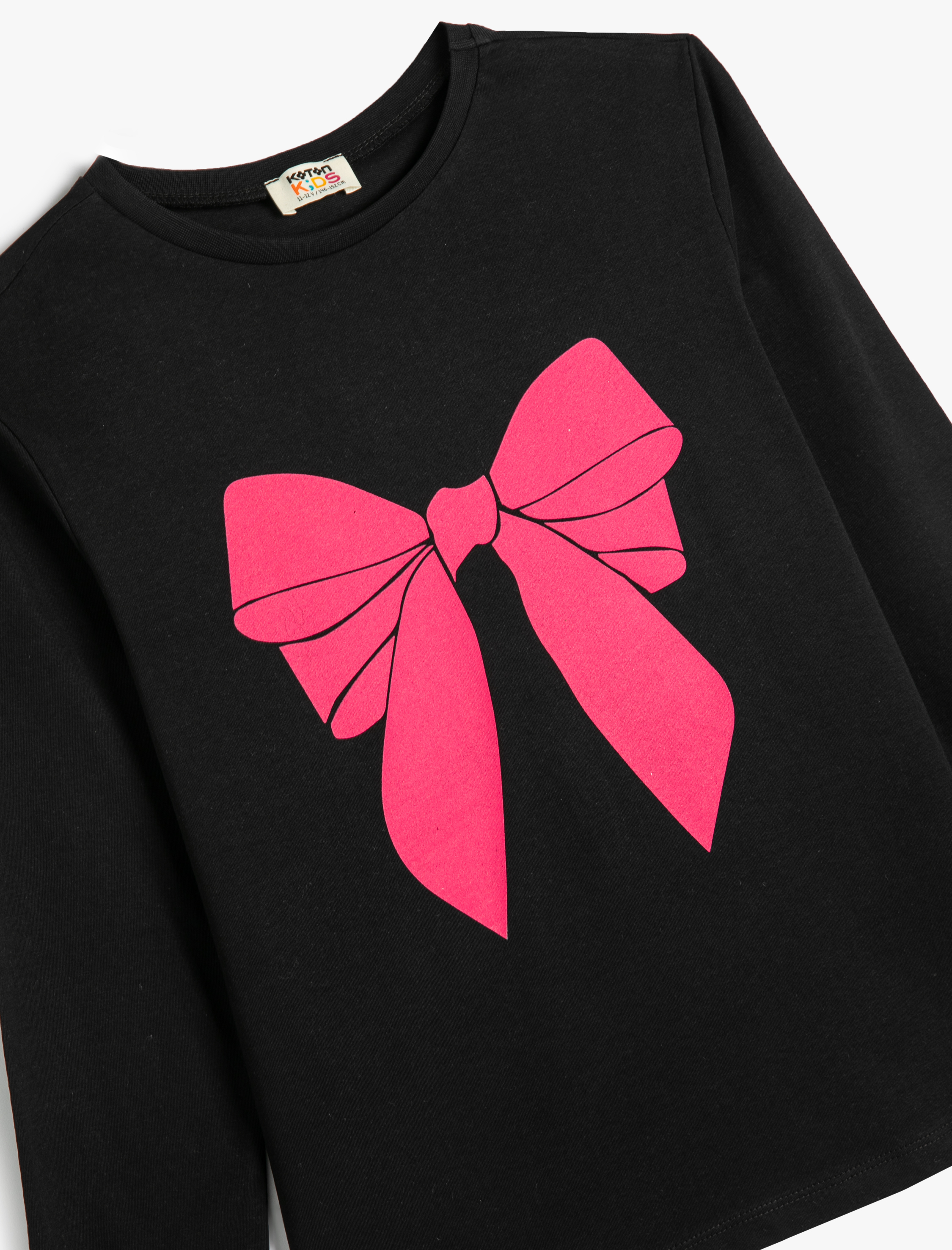  Kız Çocuk Tişört Uzun Kollu Bisiklet Yaka Fiyonk Baskılı Pamuklu