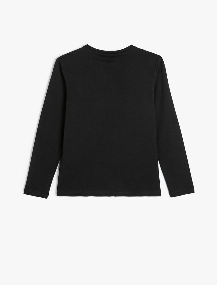 Kız Çocuk Tişört Uzun Kollu Bisiklet Yaka Fiyonk Baskılı Pamuklu