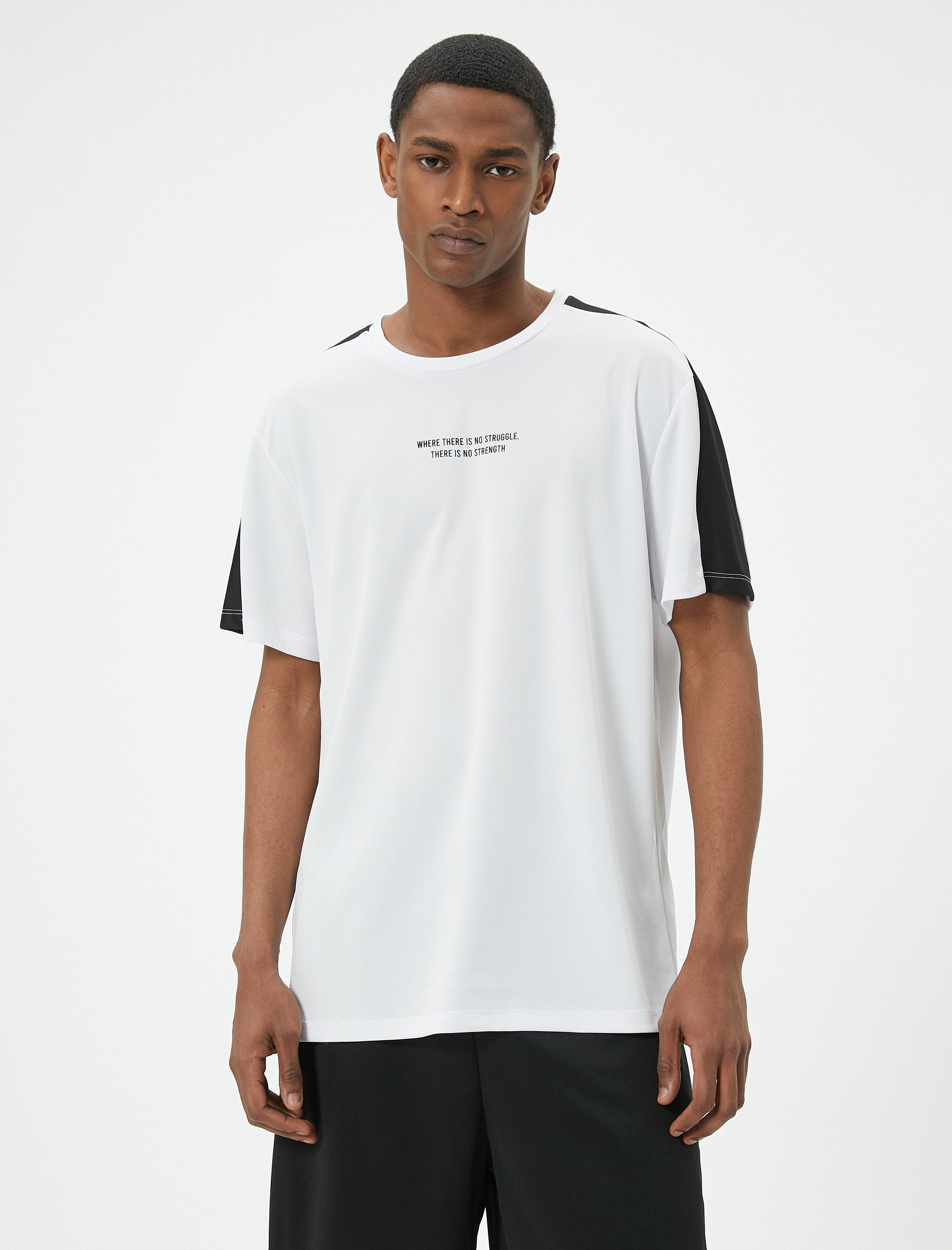   Spor Tişört Slogan Baskılı Şerit Detaylı Kısa Kollu