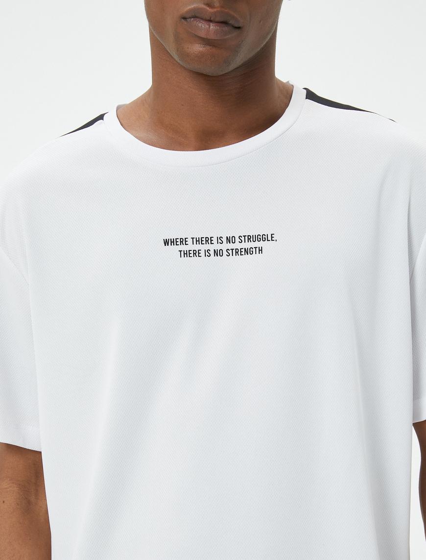   Spor Tişört Slogan Baskılı Şerit Detaylı Kısa Kollu