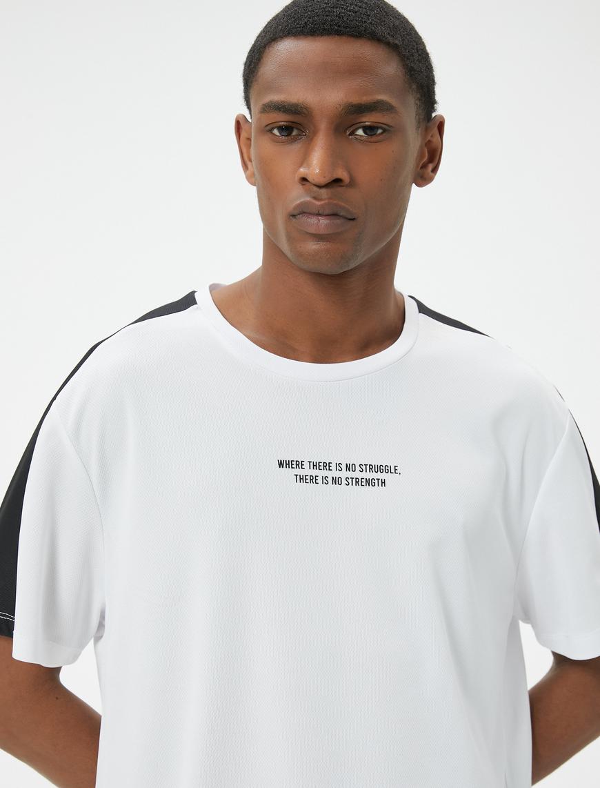   Spor Tişört Slogan Baskılı Şerit Detaylı Kısa Kollu