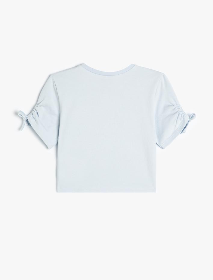 Kız Çocuk Tişört Büzgü Detaylı Kedi Baskılı Kısa Kollu Pamuklu