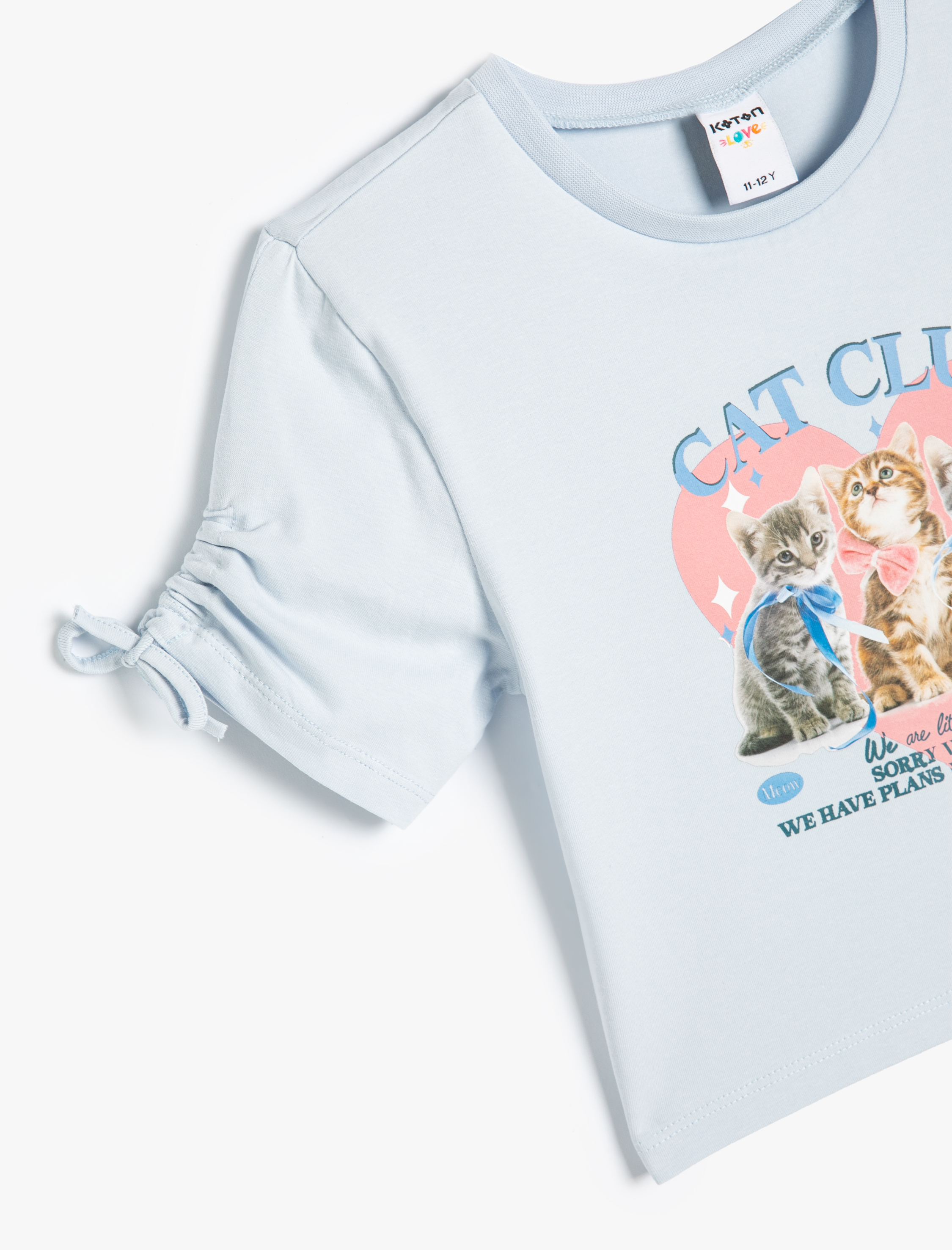 Kız Çocuk Tişört Büzgü Detaylı Kedi Baskılı Kısa Kollu Pamuklu