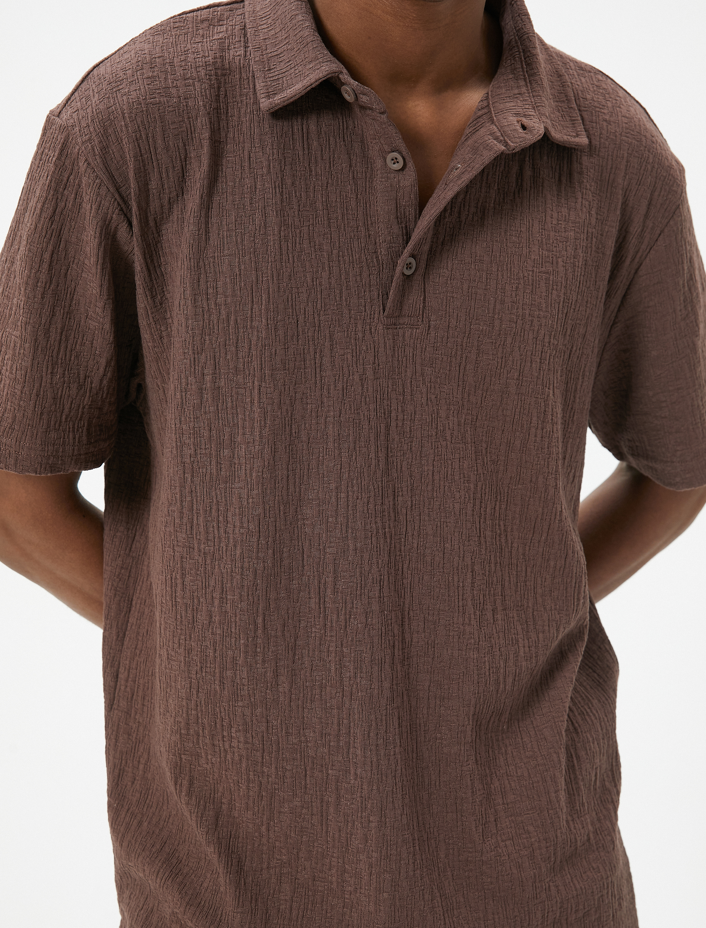   Polo Yaka Tişört Düğmeli Dokulu Pamuklu Kısa Kollu