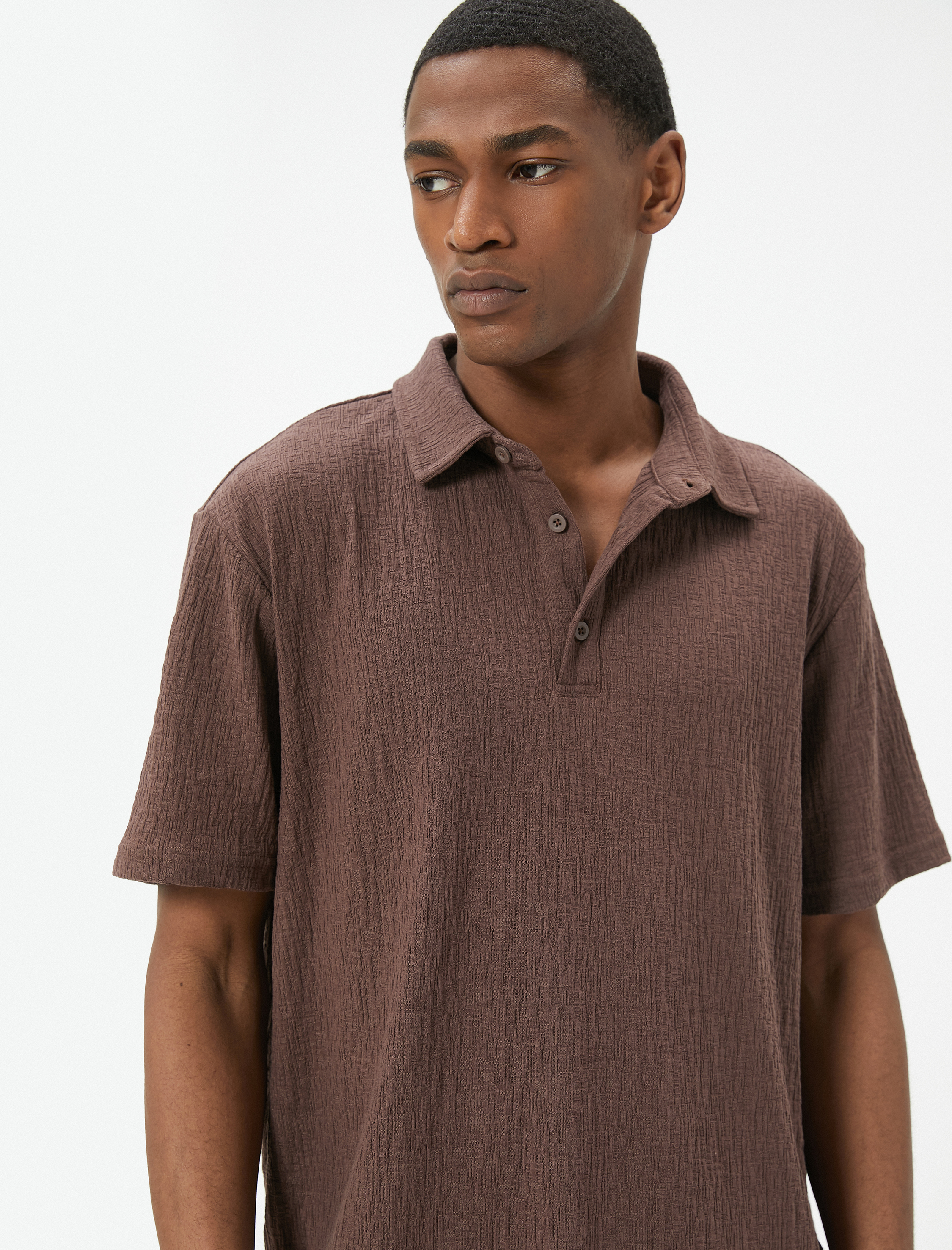   Polo Yaka Tişört Düğmeli Dokulu Pamuklu Kısa Kollu