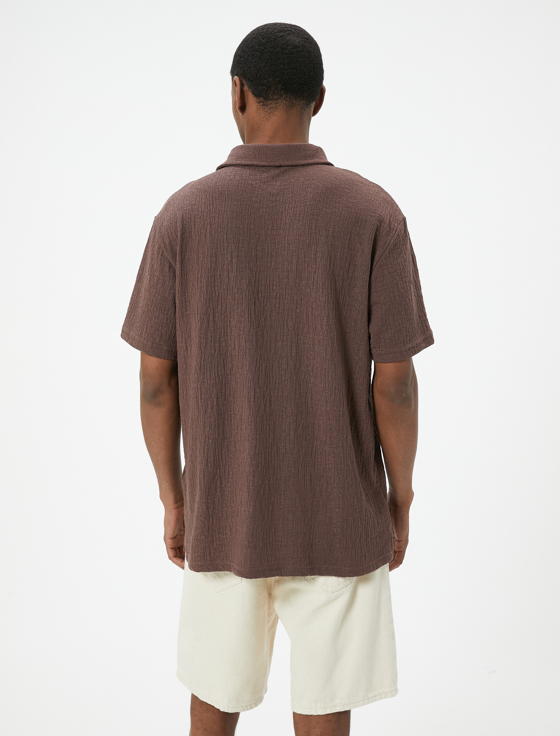   Polo Yaka Tişört Düğmeli Dokulu Pamuklu Kısa Kollu