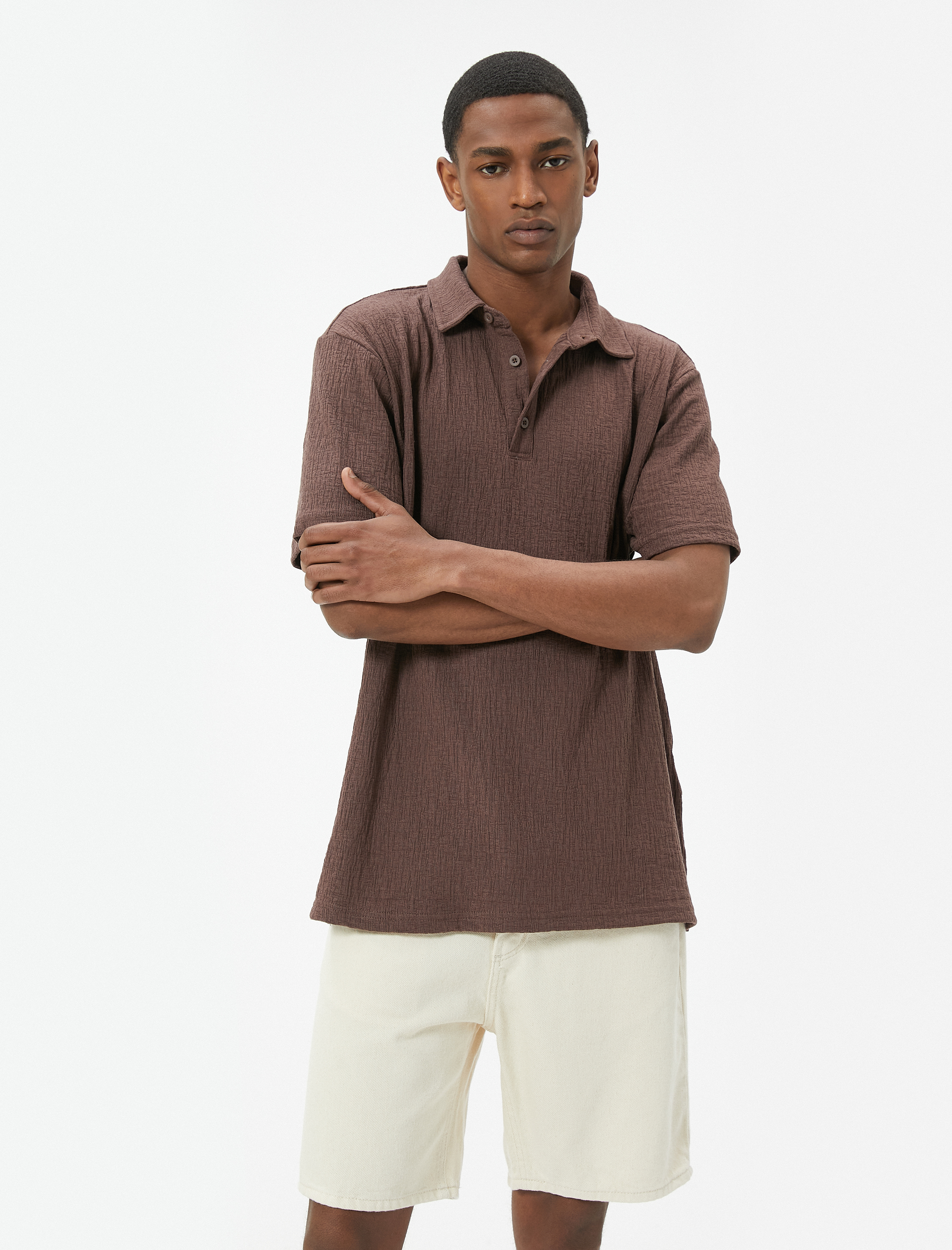   Polo Yaka Tişört Düğmeli Dokulu Pamuklu Kısa Kollu