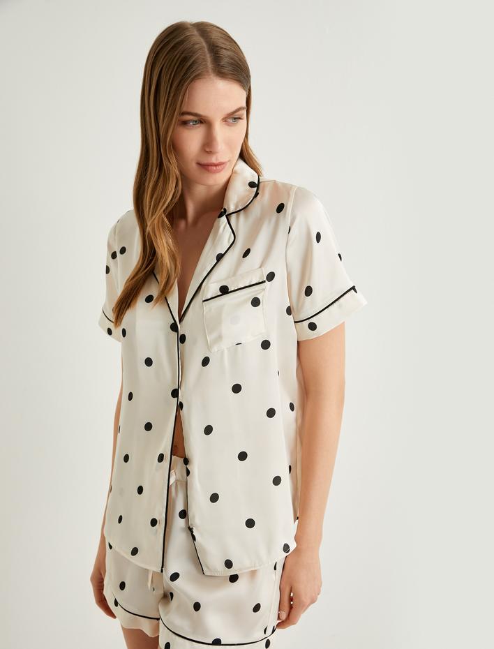  Düğmeli Pijama Üstü Kısa Kollu Cep Detaylı