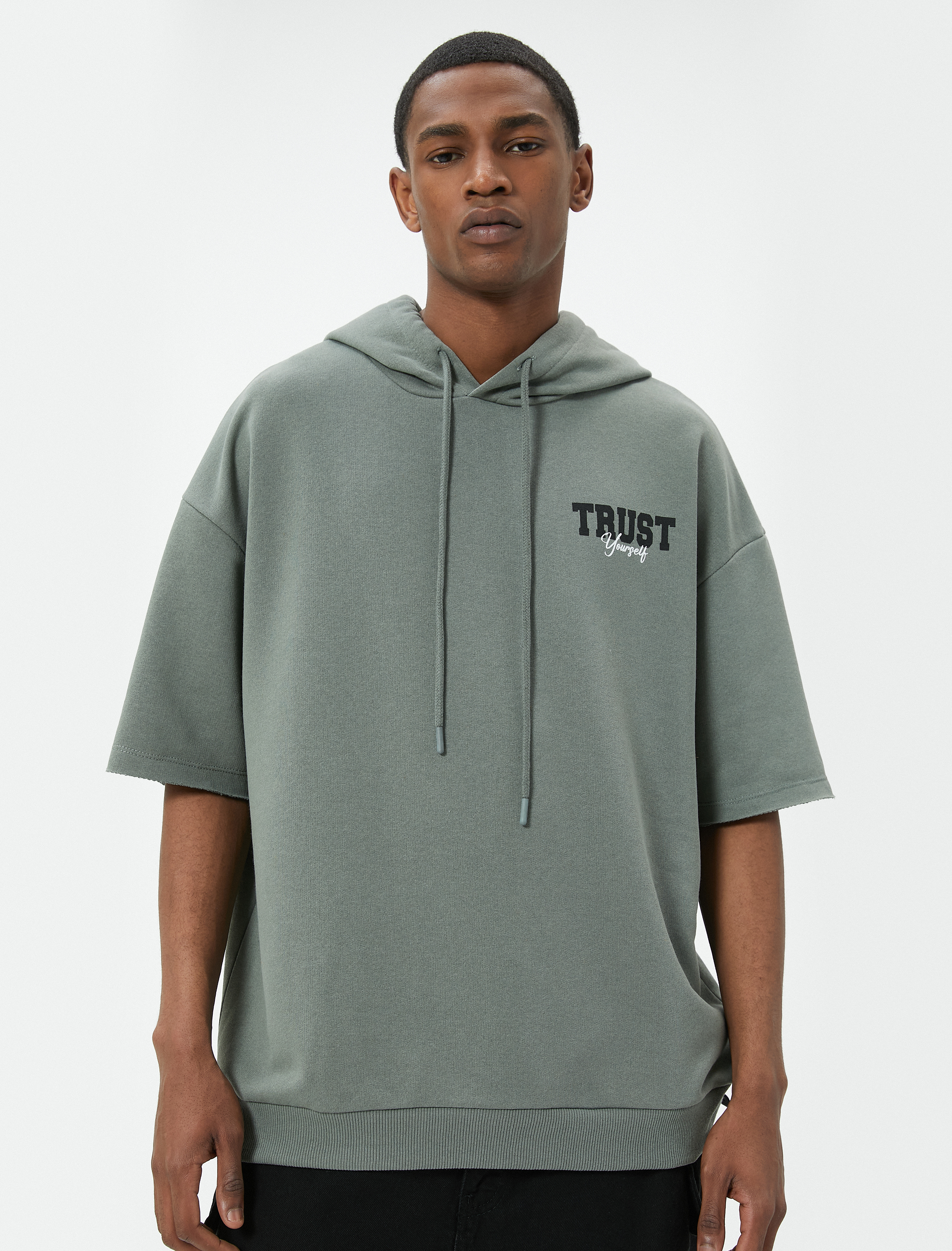   Spor Oversize Kapşonlu Sweatshirt Slogan Baskılı Kısa Kollu Uzun Boy