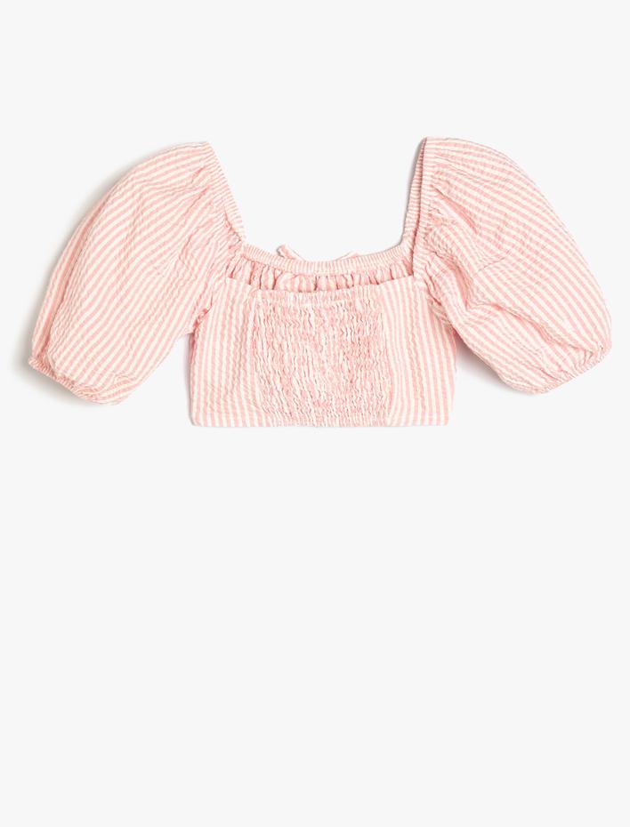 Kız Çocuk Crop Bluz Balon Kollu Büzgü Detaylı
